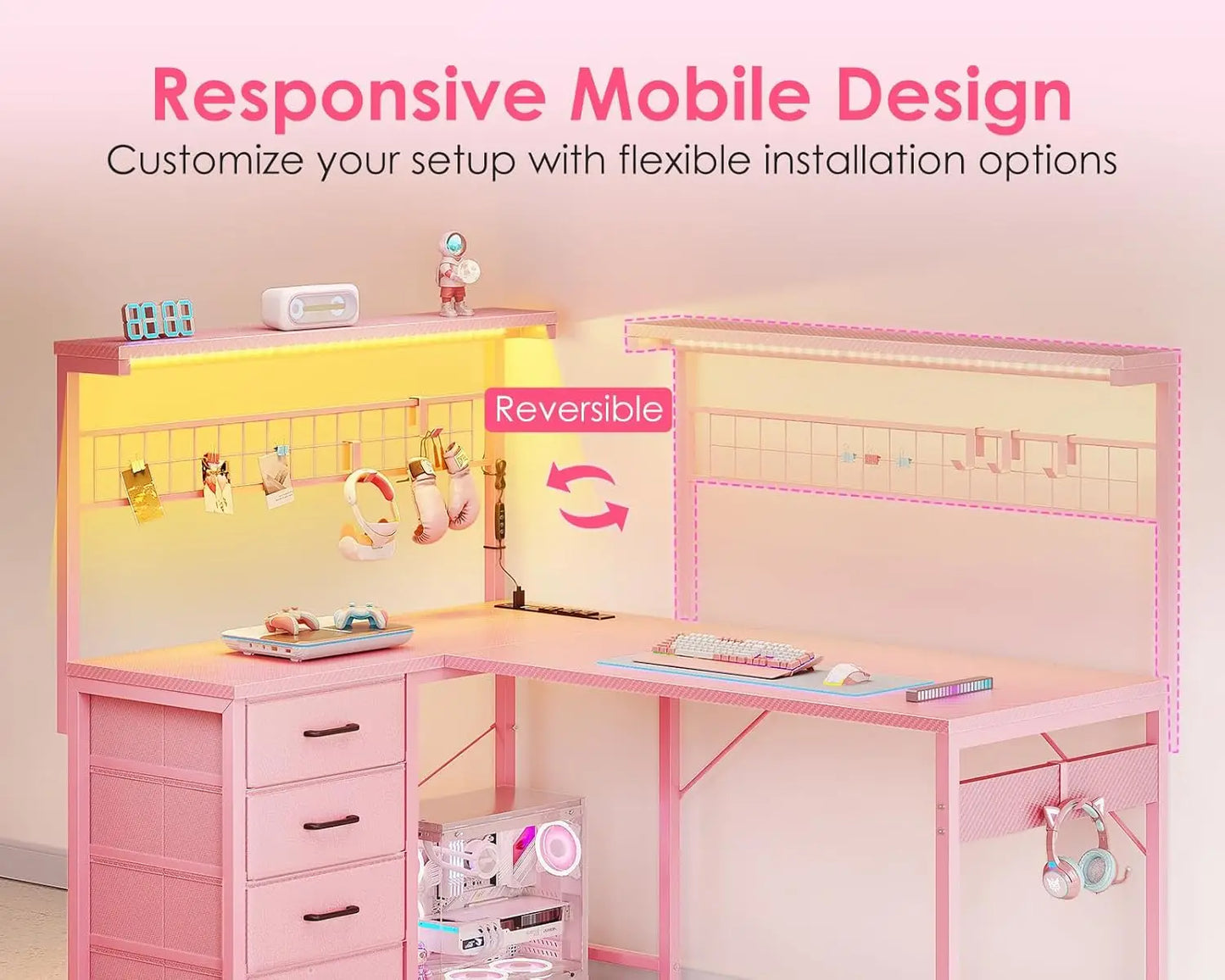 L Shaped Gaming Desk With LED Lights Power Outlet Shelves