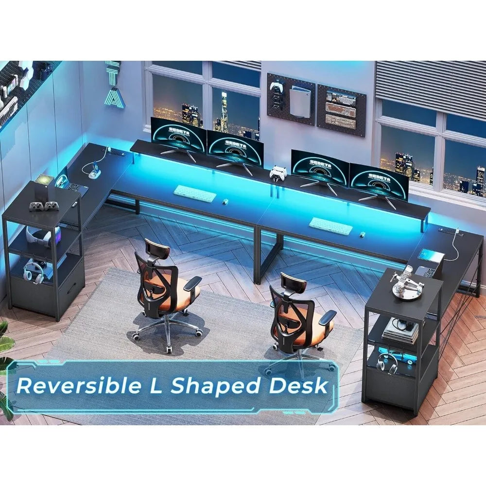 Warran L Shaped Gaming Desk With LED Lights and Storage