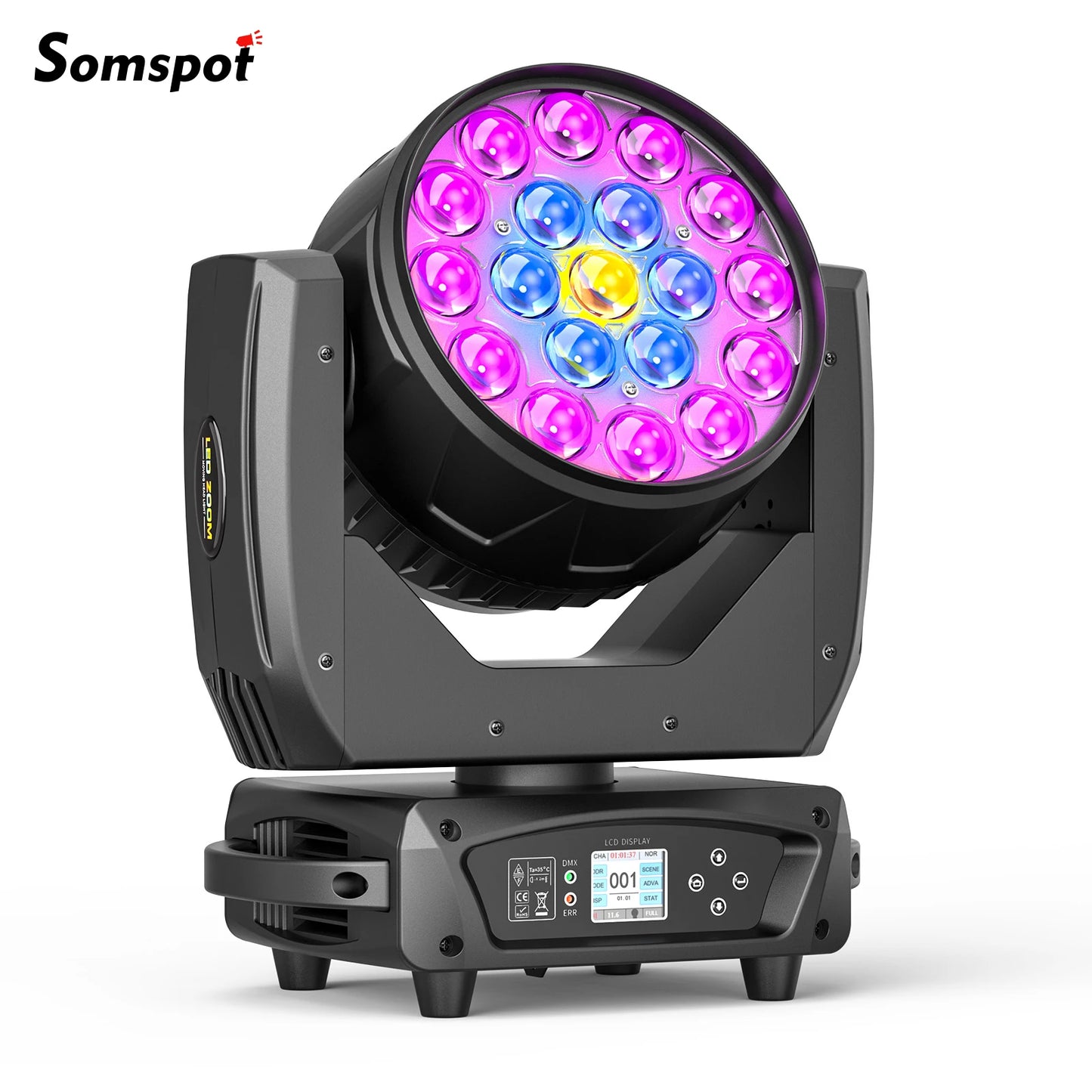 Somspot 19x15W LED Moving Head Lights RGBW Beam Stage Effect Lighting Projector Focusing Light Zoom Wash Lights for Disco Party