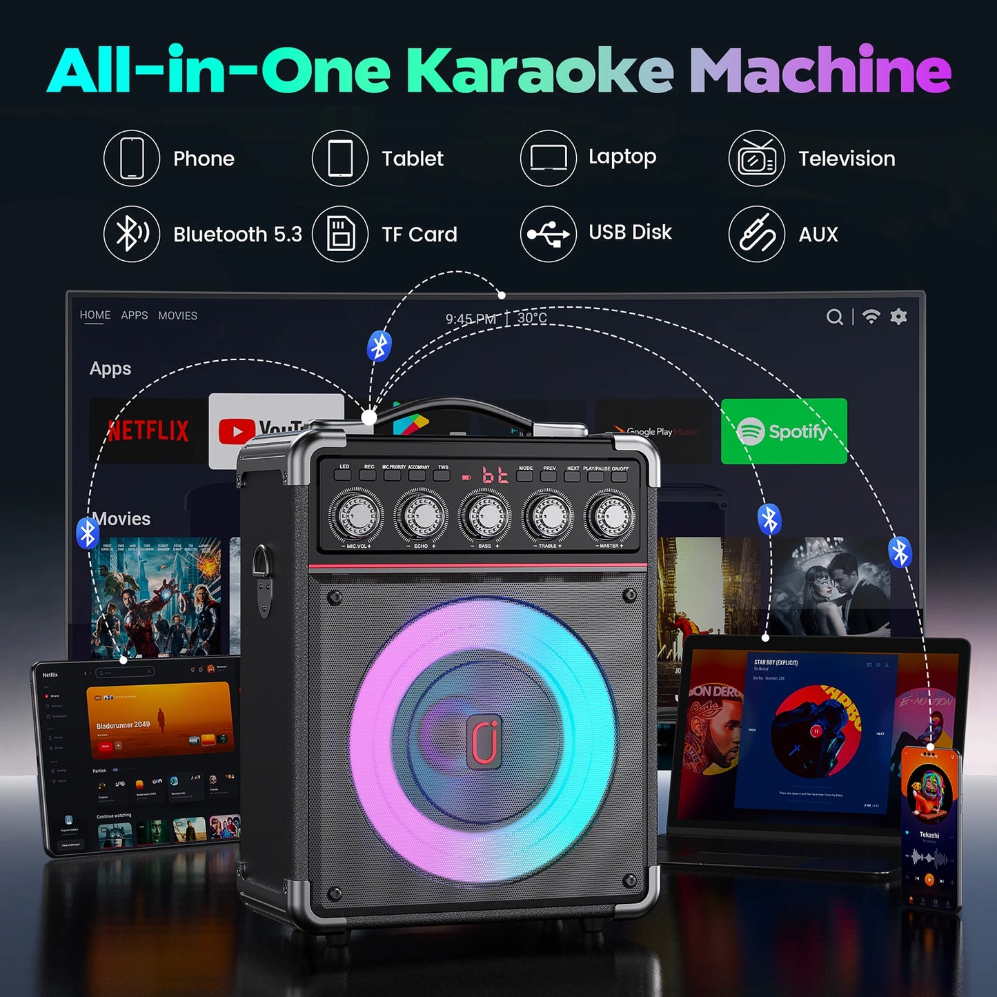 FanFun Karaoke Machine With 2 Wireless Microphones And RGB