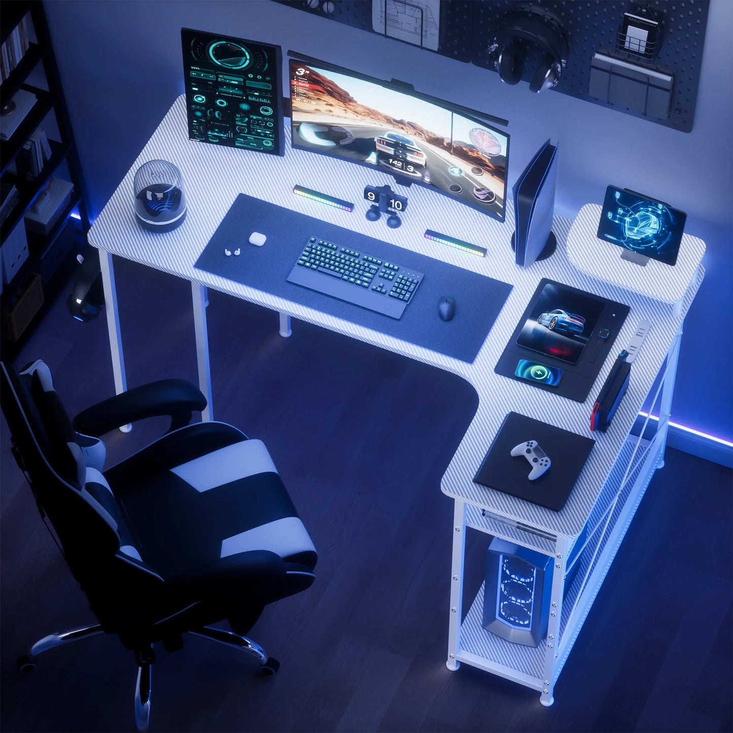 L Shaped Gaming Desk With Drawers And Monitor Arm Carbon Fiber Finish For Home Office