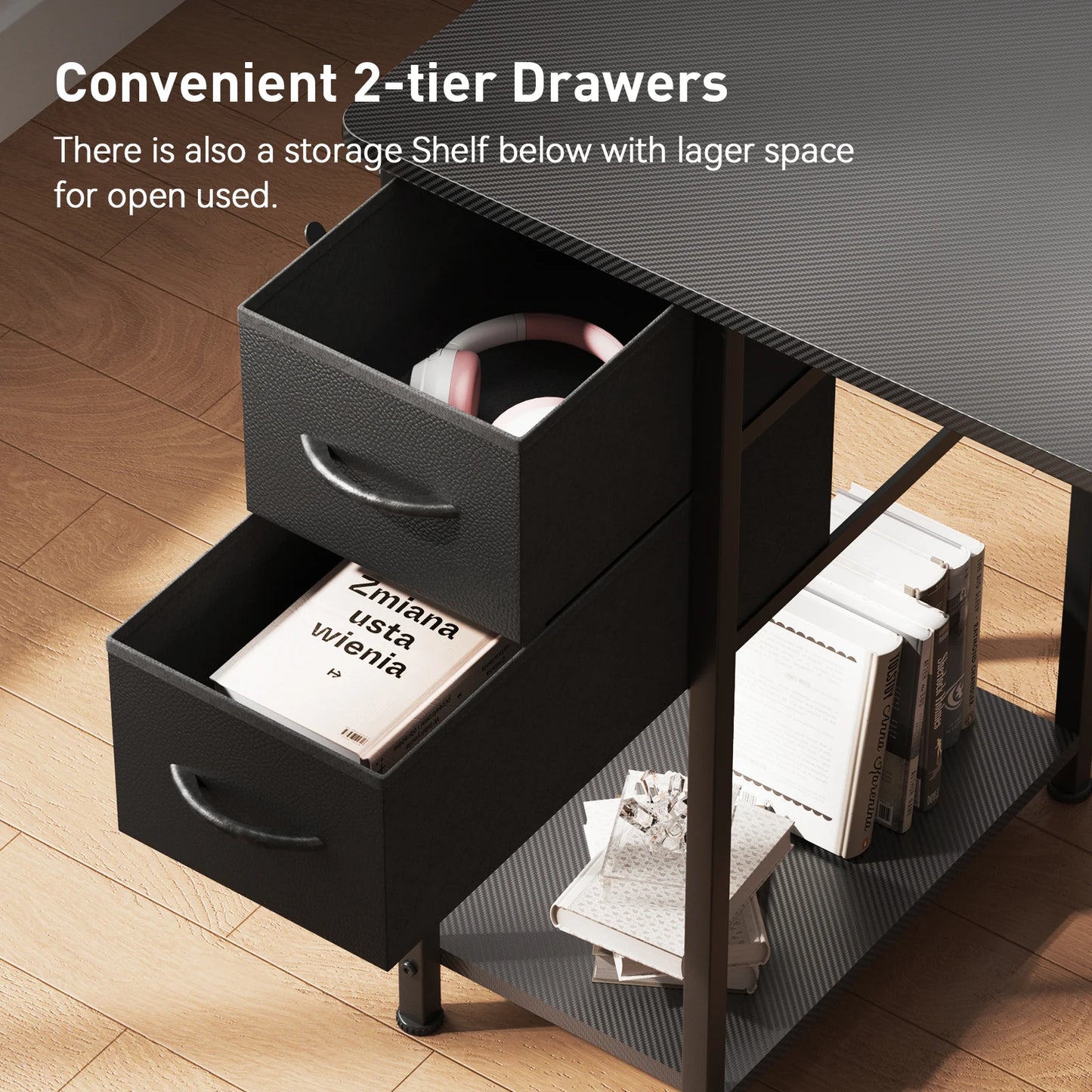 L Shaped Gaming Desk With Drawers And Monitor Arm Carbon Fiber Finish For Home Office