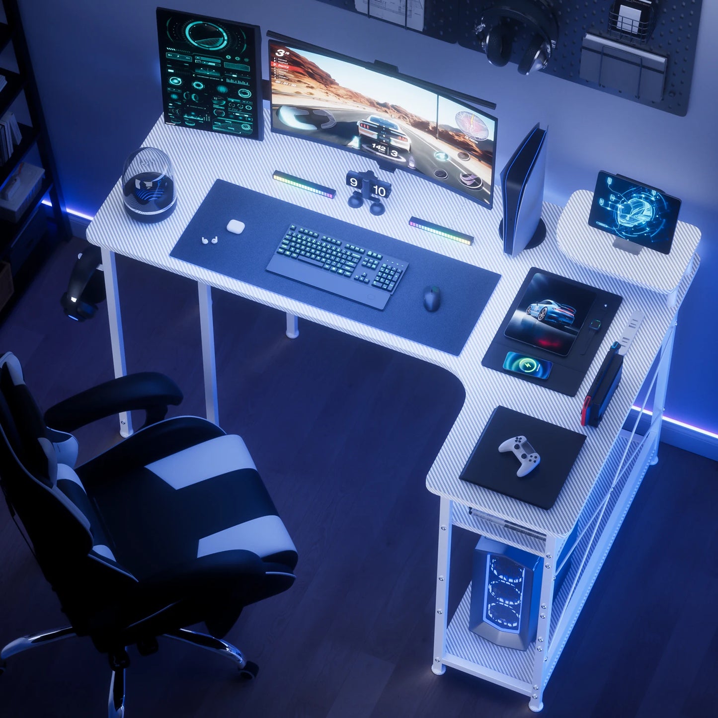 L Shaped Gaming Desk With Drawers And Monitor Arm Carbon Fiber Finish For Home Office