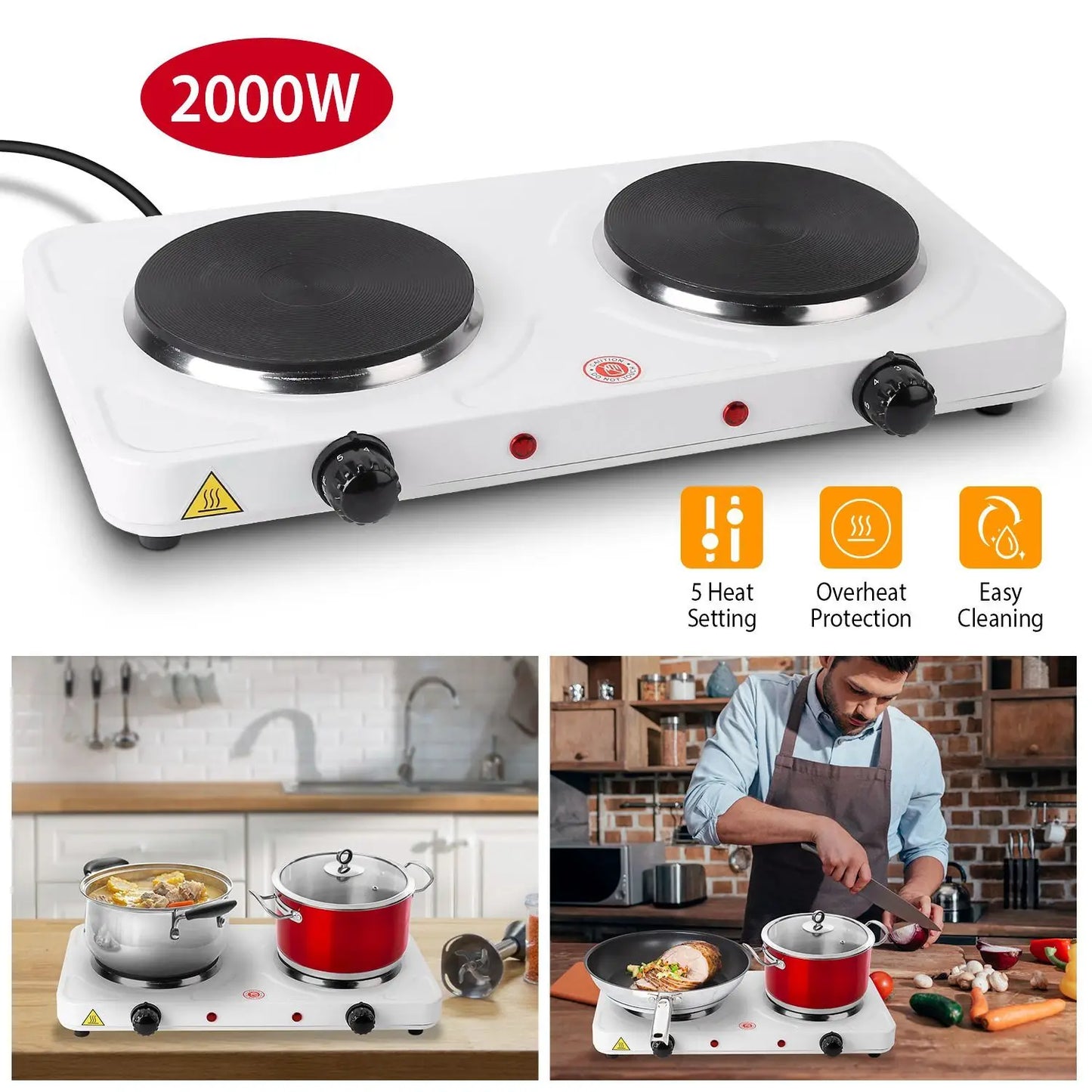 SHICUO 2000W Electric Double Burner Portable Cooktop With Adjustable Temperature