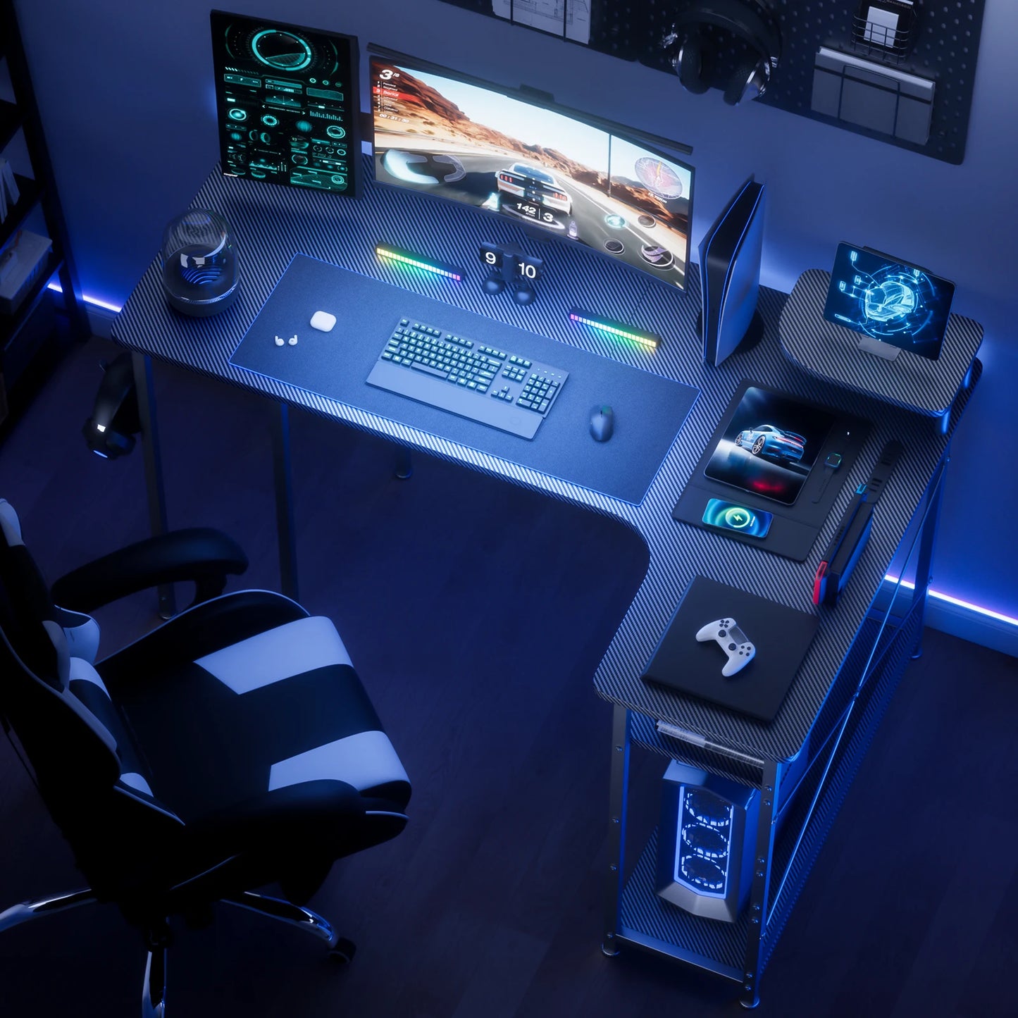 L Shaped Gaming Desk With Drawers And Monitor Arm Carbon Fiber Finish For Home Office