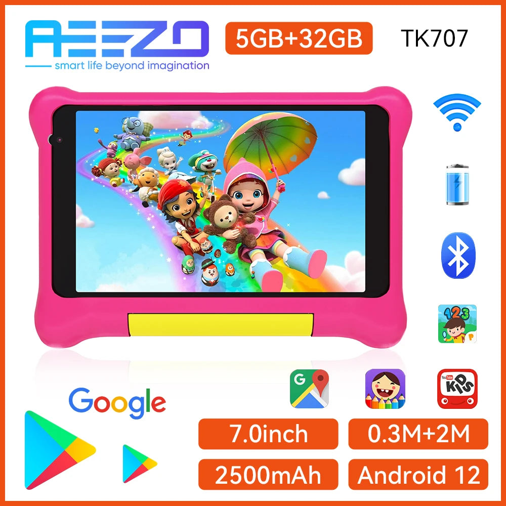 AEEZO 2025 NEW TK707 Kids Tablet 7″ Android 12 Quad Core 5GB+32GB WiFi 5000mAh Battery Dual Camera Children's Gift Kid Software
