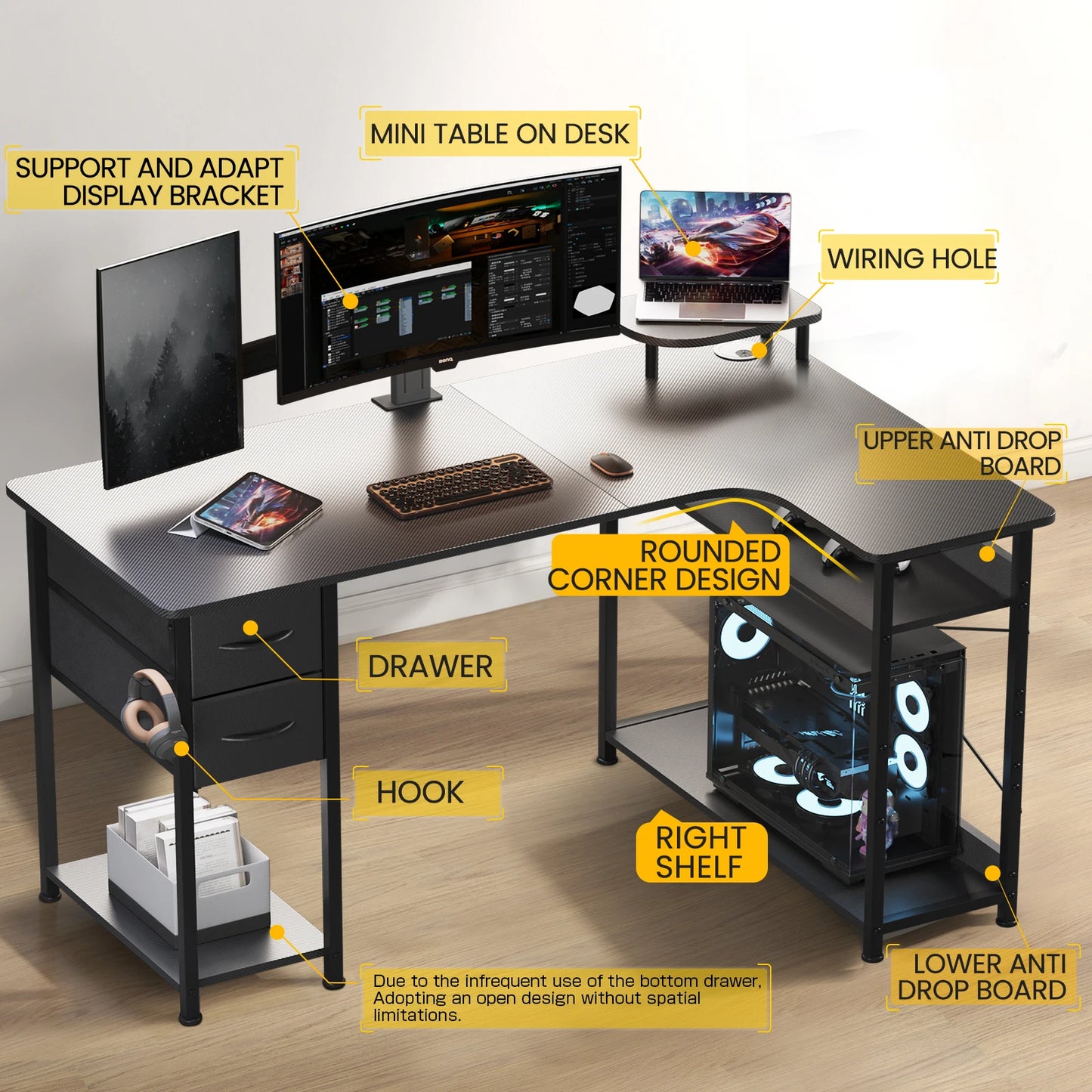 L Shaped Gaming Desk With Drawers And Monitor Arm Carbon Fiber Finish For Home Office