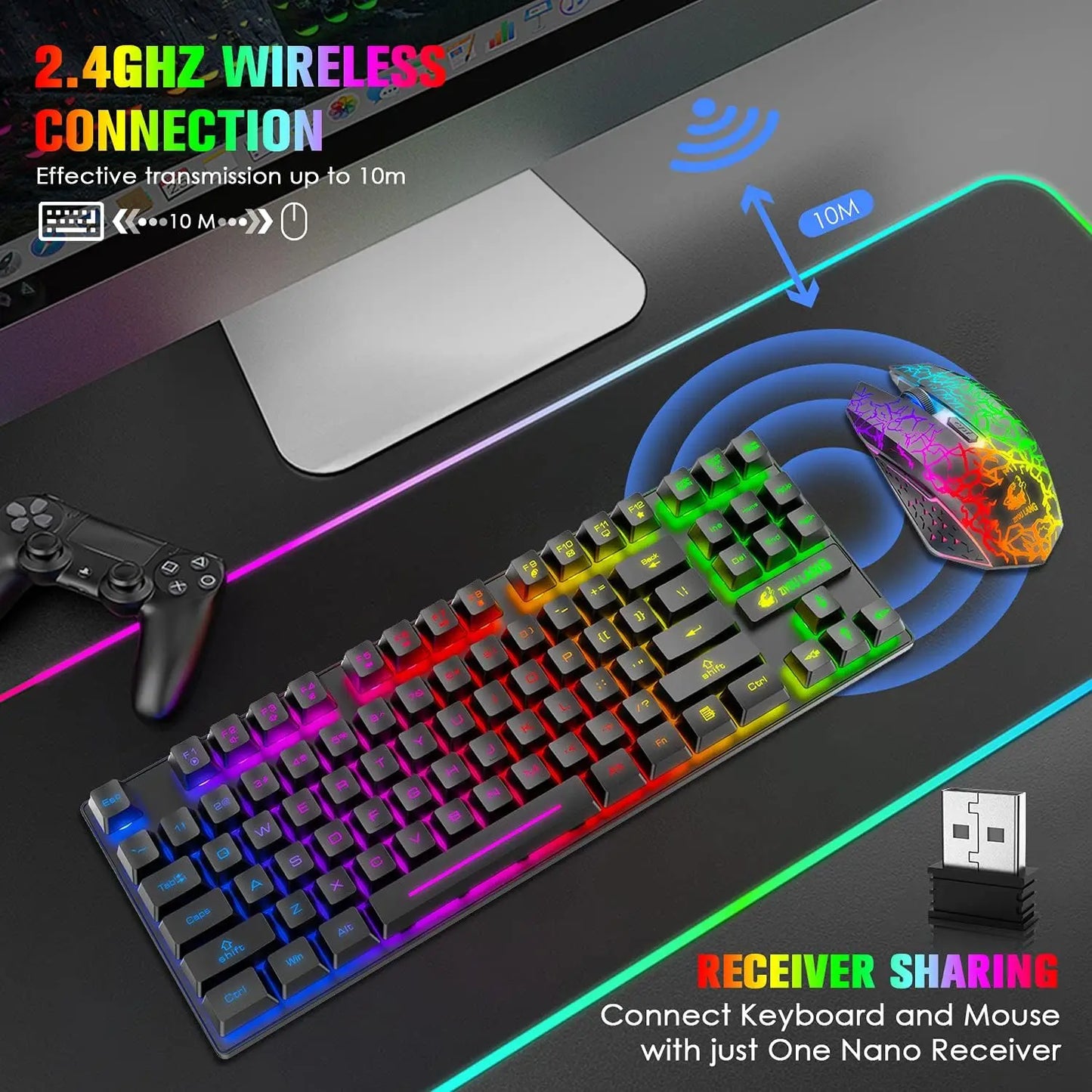 Wireless Gaming Keyboard and Mouse Combo,Rainbow Backlit Rechargeable 3800mAh Battery,87 Keys Mechanical Feel Keyboard