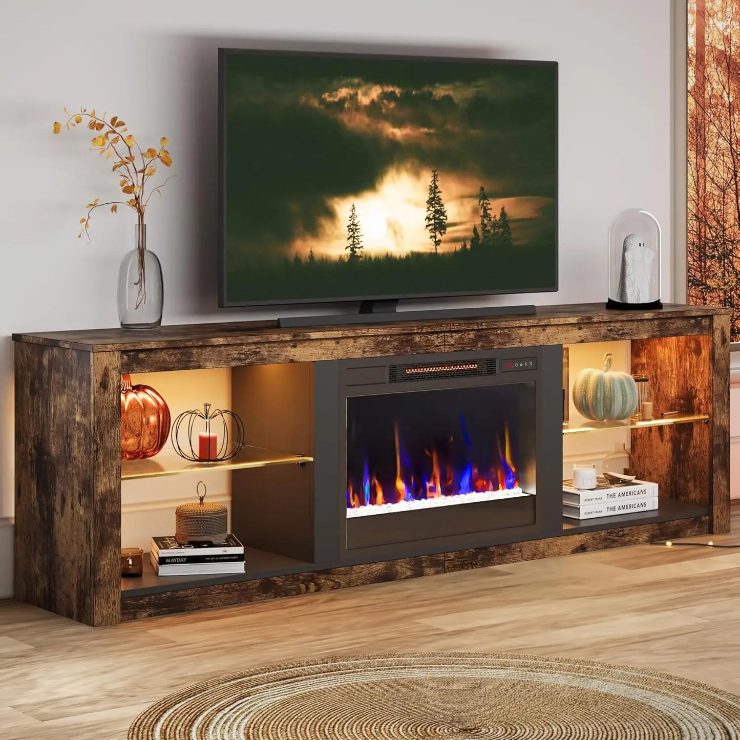 Wooden Fireplace TV Stand With Electric Fireplace Media Console
