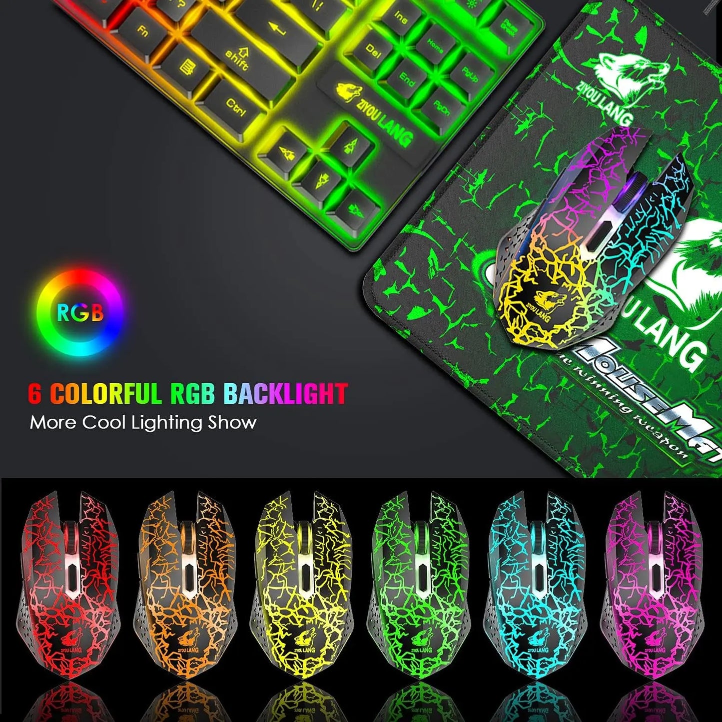Wireless Gaming Keyboard and Mouse Combo,Rainbow Backlit Rechargeable 3800mAh Battery,87 Keys Mechanical Feel Keyboard