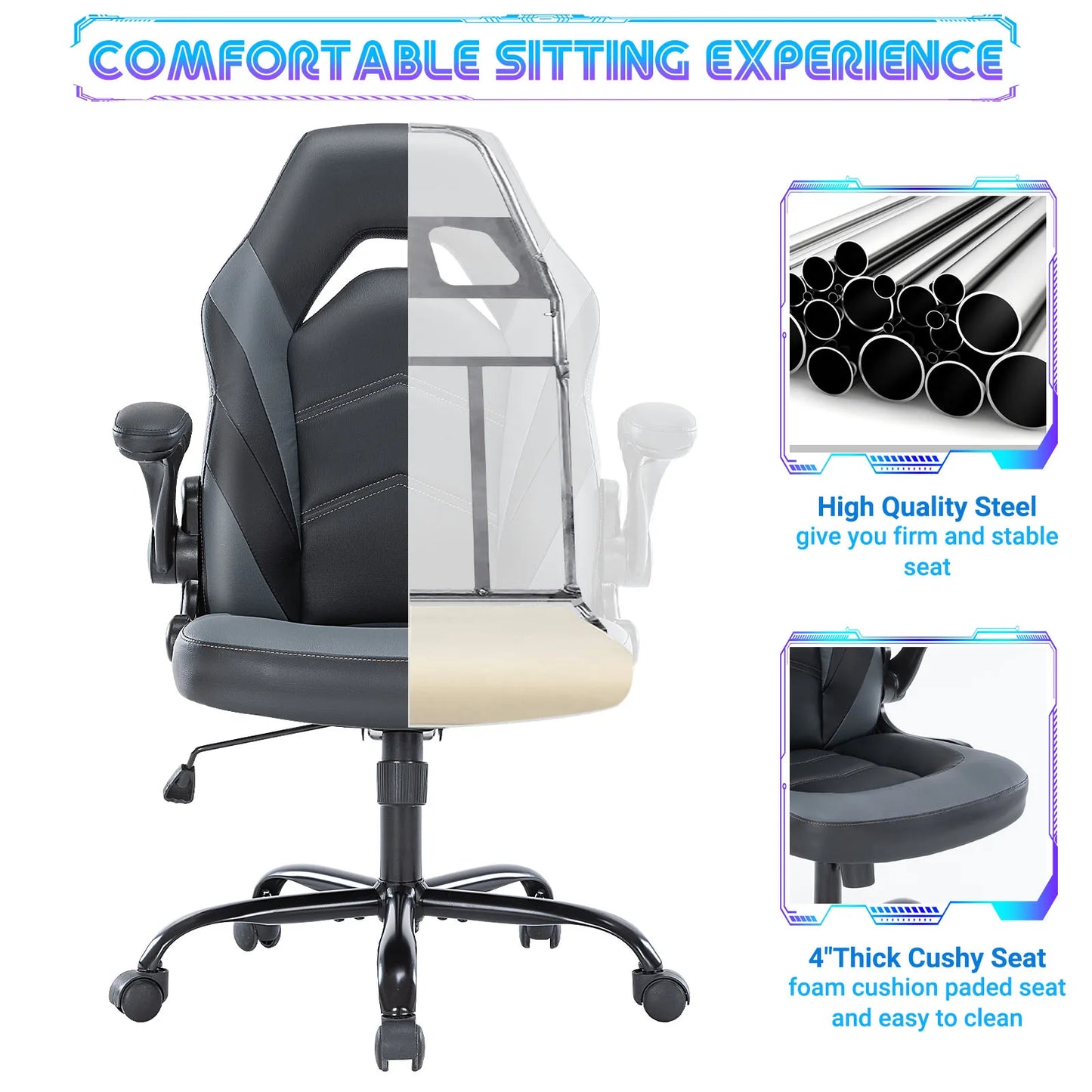 JHK Ergonomic Office Chair Adjustable PU Leather Racing Desk Chair Flip Up Armrests