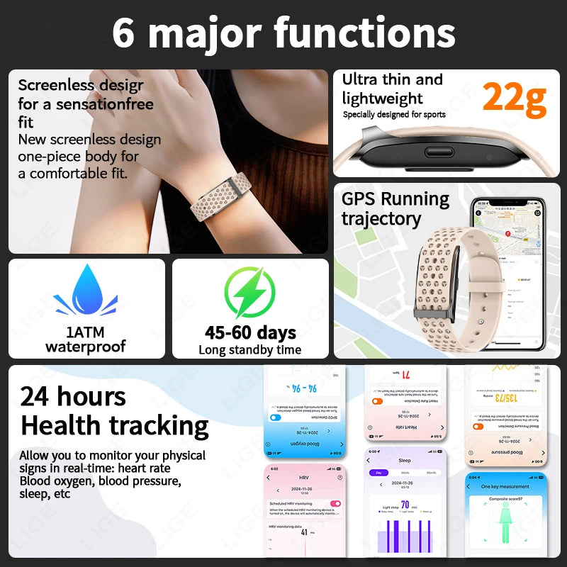 LIGE New No screen Smart Watch 20-day Ultra-long Use Time 24hours Blood Oxygen Blood Pressure Monitoring Sports Smart Bracelet