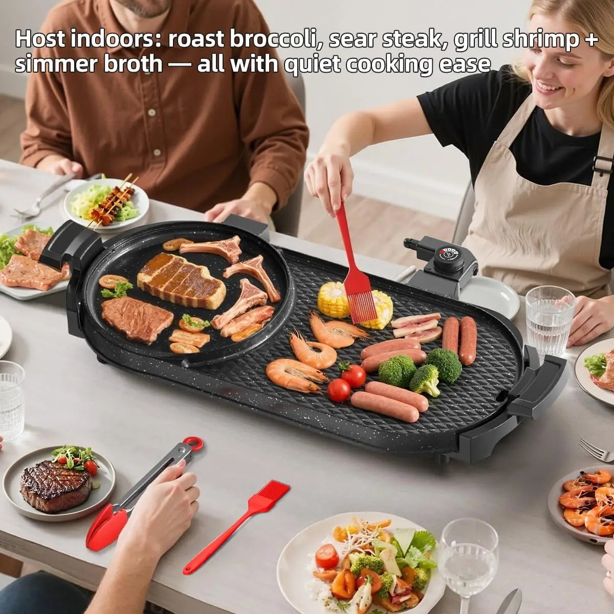 XMSJ 2200W Electric Grill And Hot Pot Combo Indoor Cooking