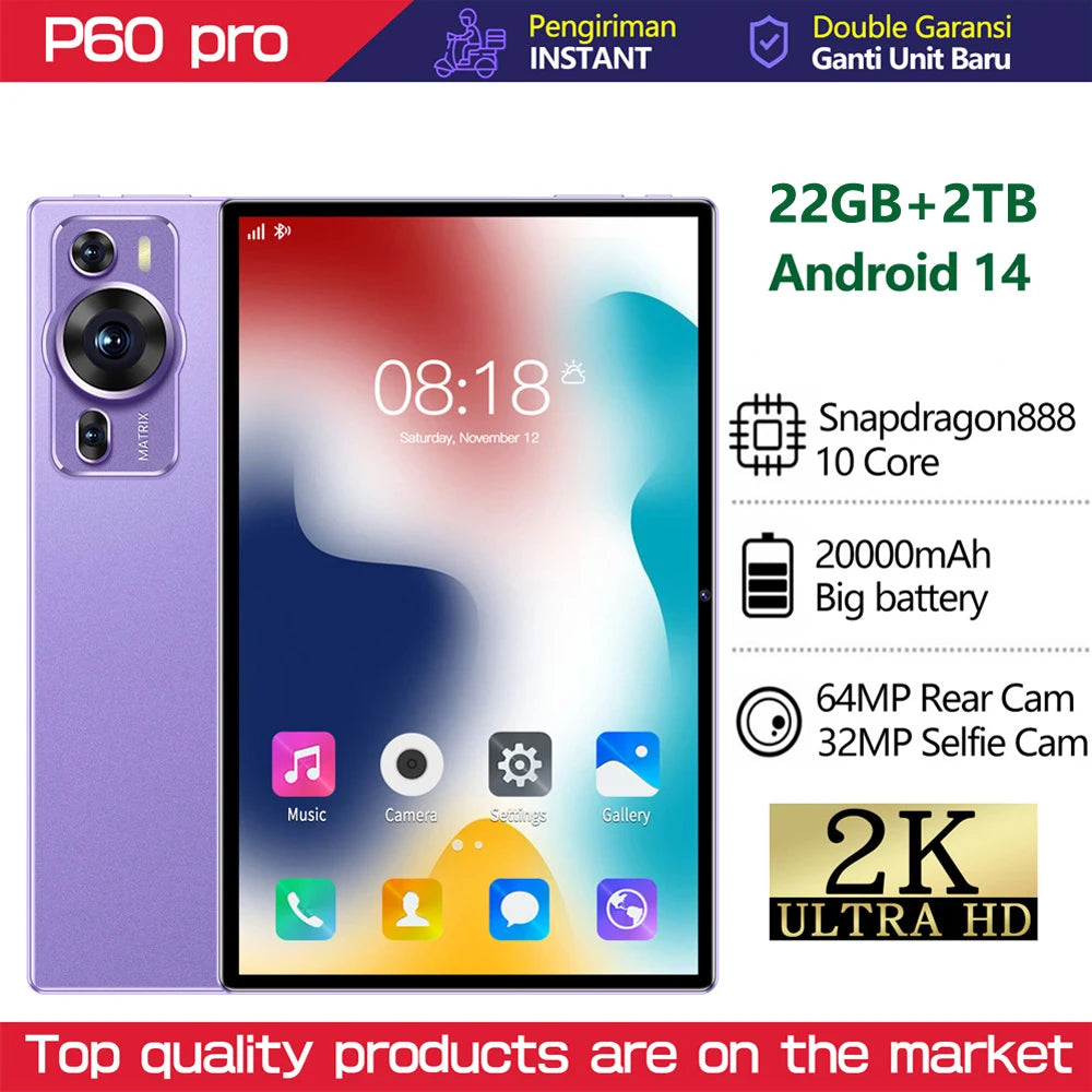 2025 New P60 Pro Tablets 10inch Global Version Tab Android14 22GB+2TB Tablet 20000mAh 5G Dual SIM WiFi Children's Kids Tablet PC