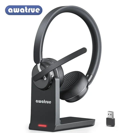 AWATRUE EH11 Wireless Bluetooth Headset with AI Noise Cancelling Mic & Charging Base 2.4GHz Wireless Headphone with USB Dongle