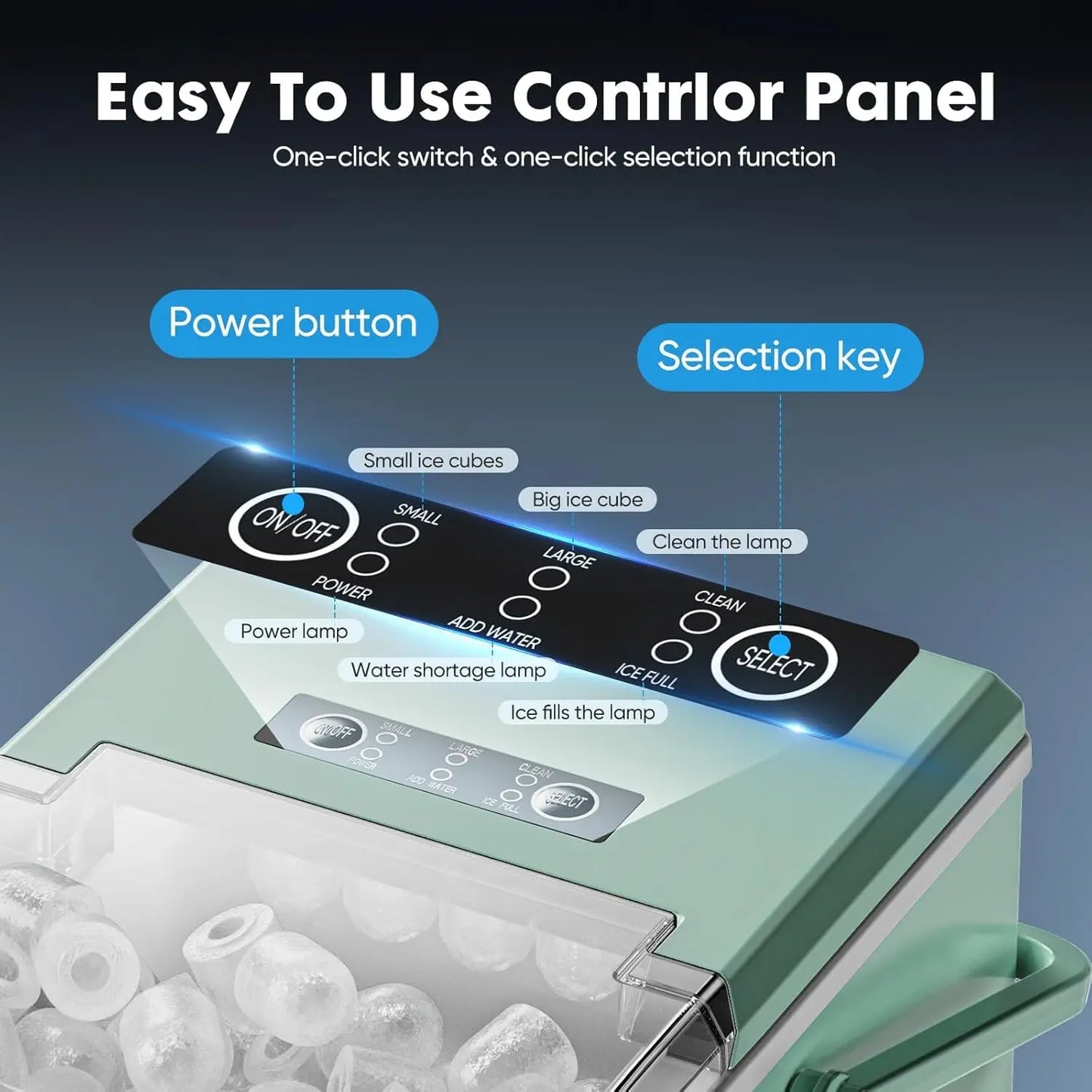 Portable Ice Maker with Scoop, Basket, Handle - 9 Cubes in 6 Mins, 26.5lbs/24Hrs, Green for Home Kitchen Office