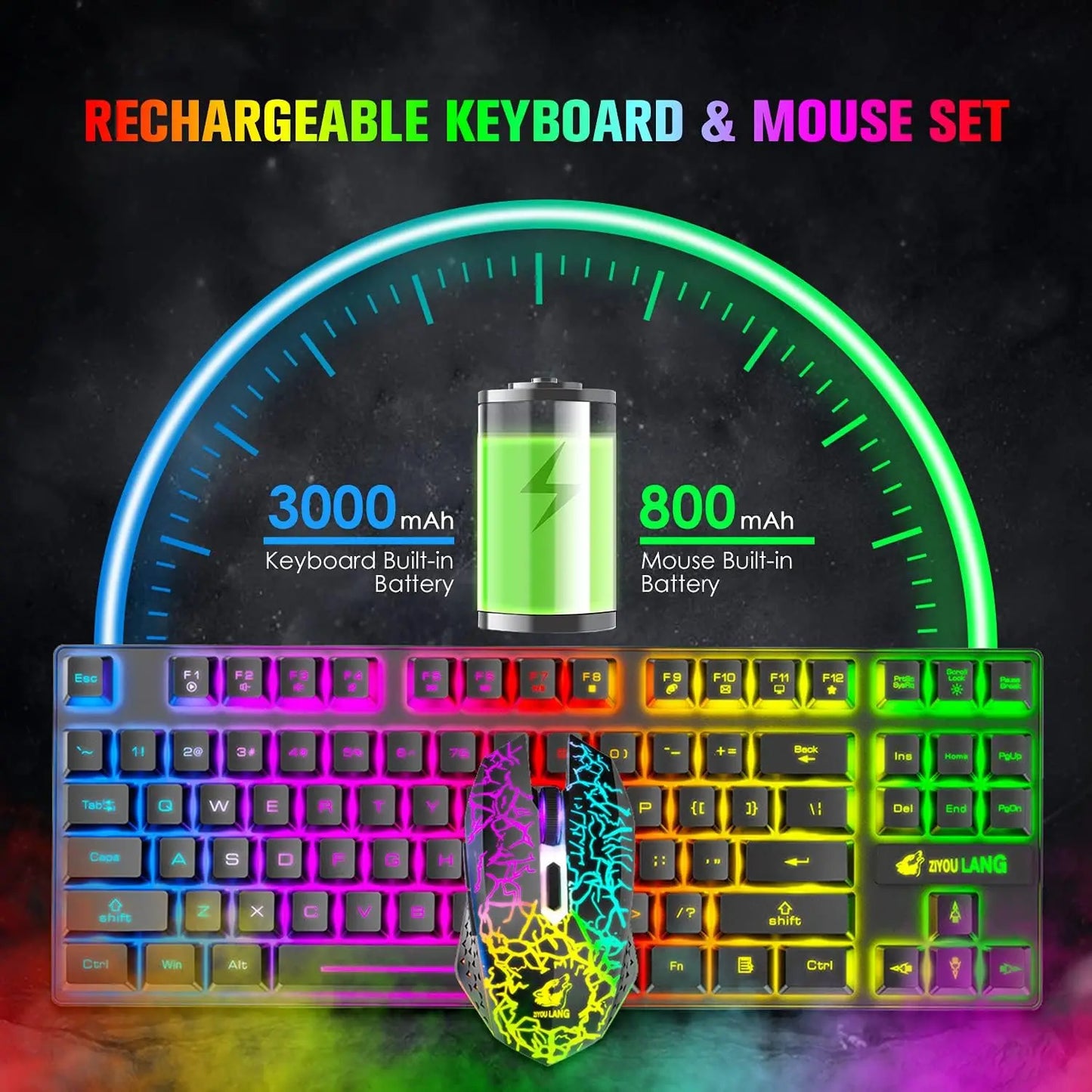 Wireless Gaming Keyboard and Mouse Combo,Rainbow Backlit Rechargeable 3800mAh Battery,87 Keys Mechanical Feel Keyboard
