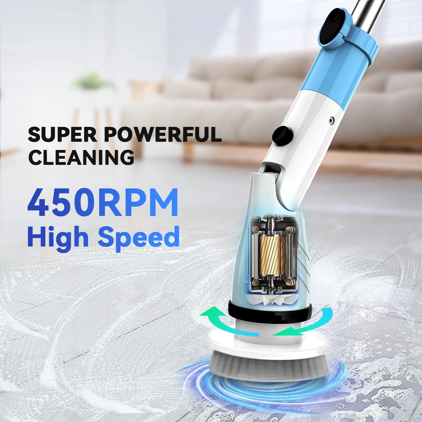 Electric Spin Scrubber Handheld Cordless Cleaning Brush with 5 Replaceable Brushes Extended Handle  450RPM for Bathroom Kitchen