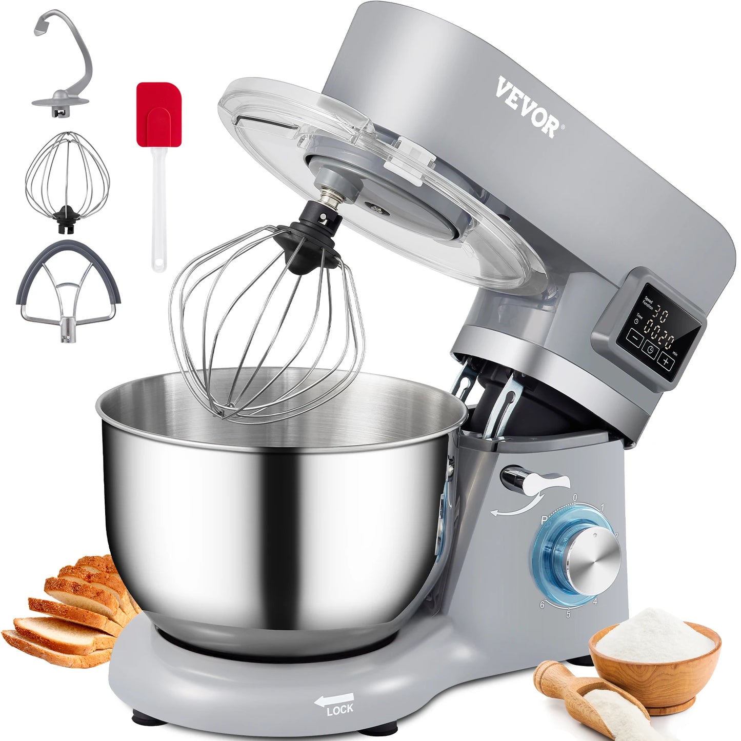 SucceBuy Stand Mixer Electric Dough Mixer with 6 Speeds LCD Screen Timing 5.8 Qt Stainless Steel Bowl Dough Hook Flat Beater