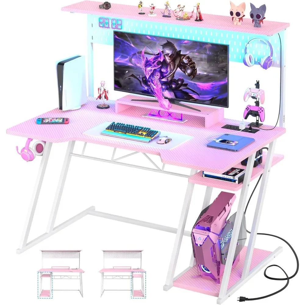 Gaming Computer Desk with Power Outlets, Gaming Desk with Hutch and LED Lights, Reversible PC Gaming Desk with Pegboard, Carbon