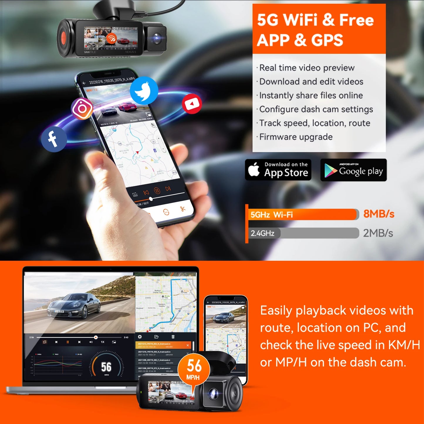 Vantrue N5 Dash Cam 4 Channel WiFi GPS Night Vision