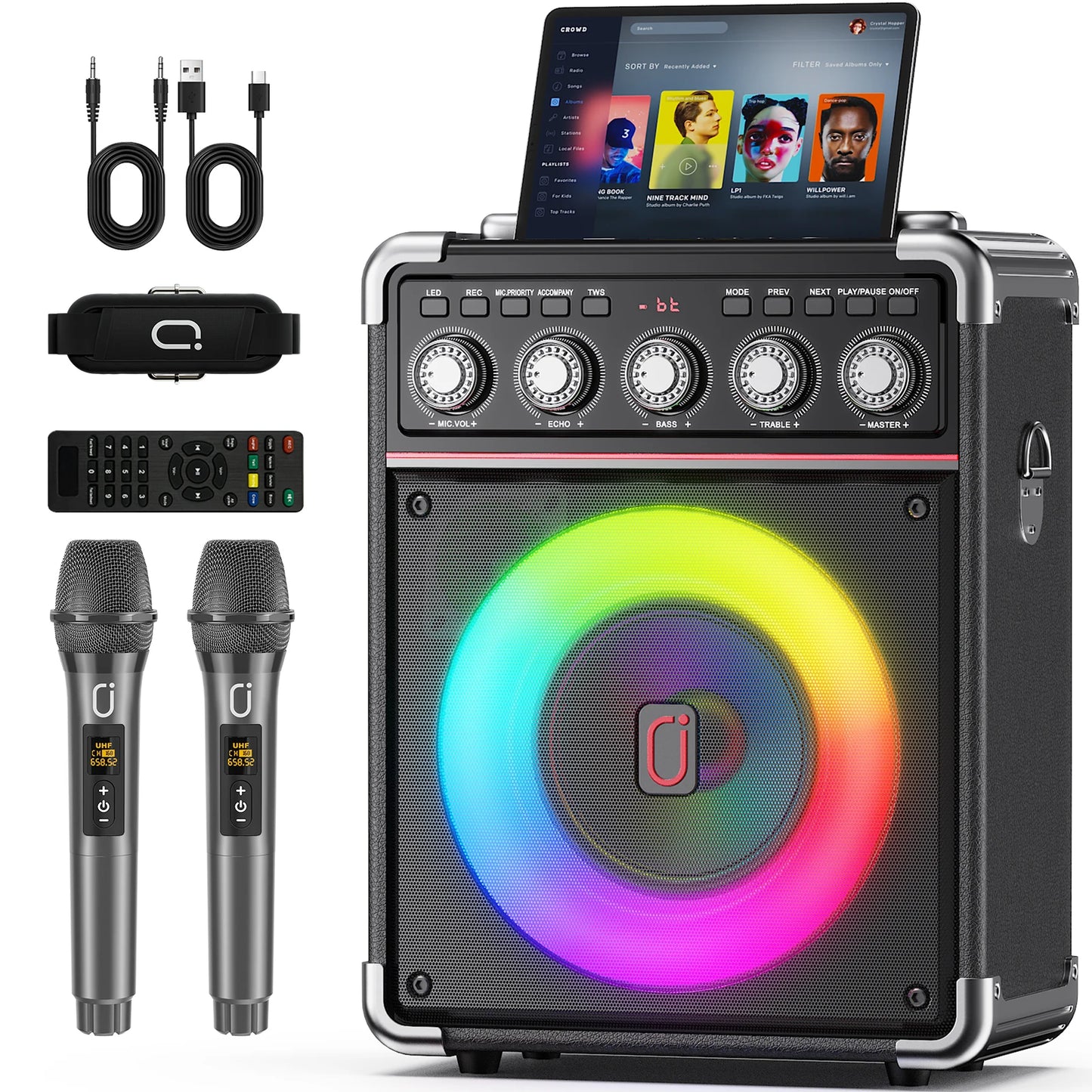 FanFun Karaoke Machine With 2 Wireless Microphones And RGB