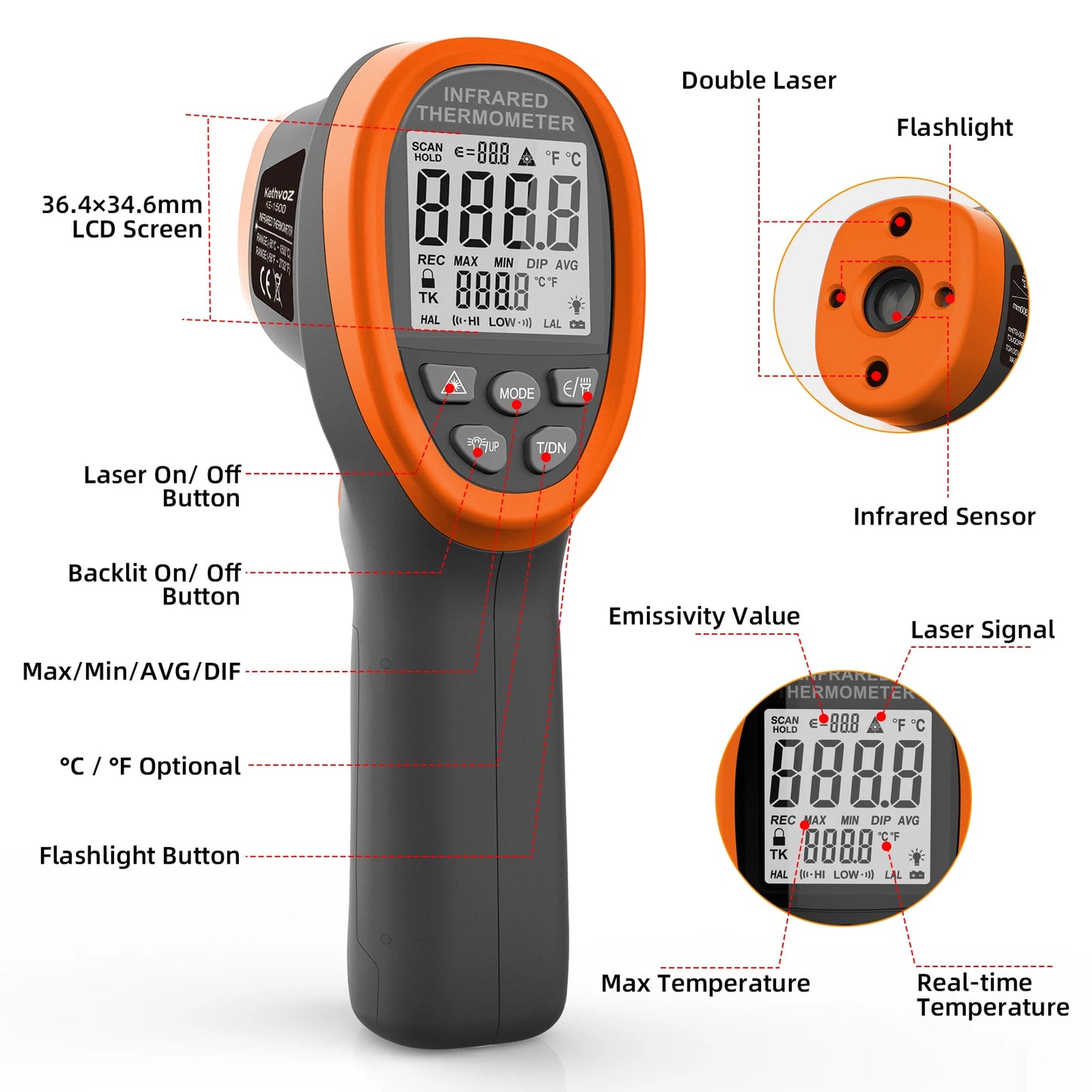 HoldPeak KE-1500 Infrared Laser Thermometer Gun For Temperature