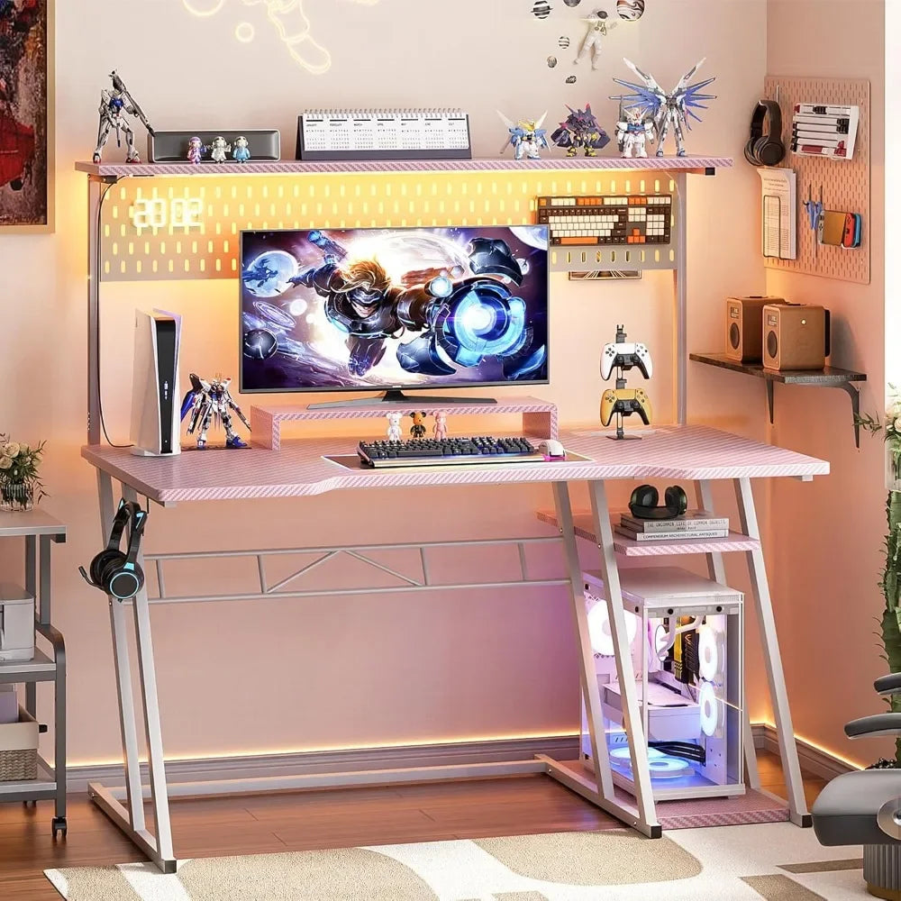 Gaming Computer Desk with Power Outlets, Gaming Desk with Hutch and LED Lights, Reversible PC Gaming Desk with Pegboard, Carbon