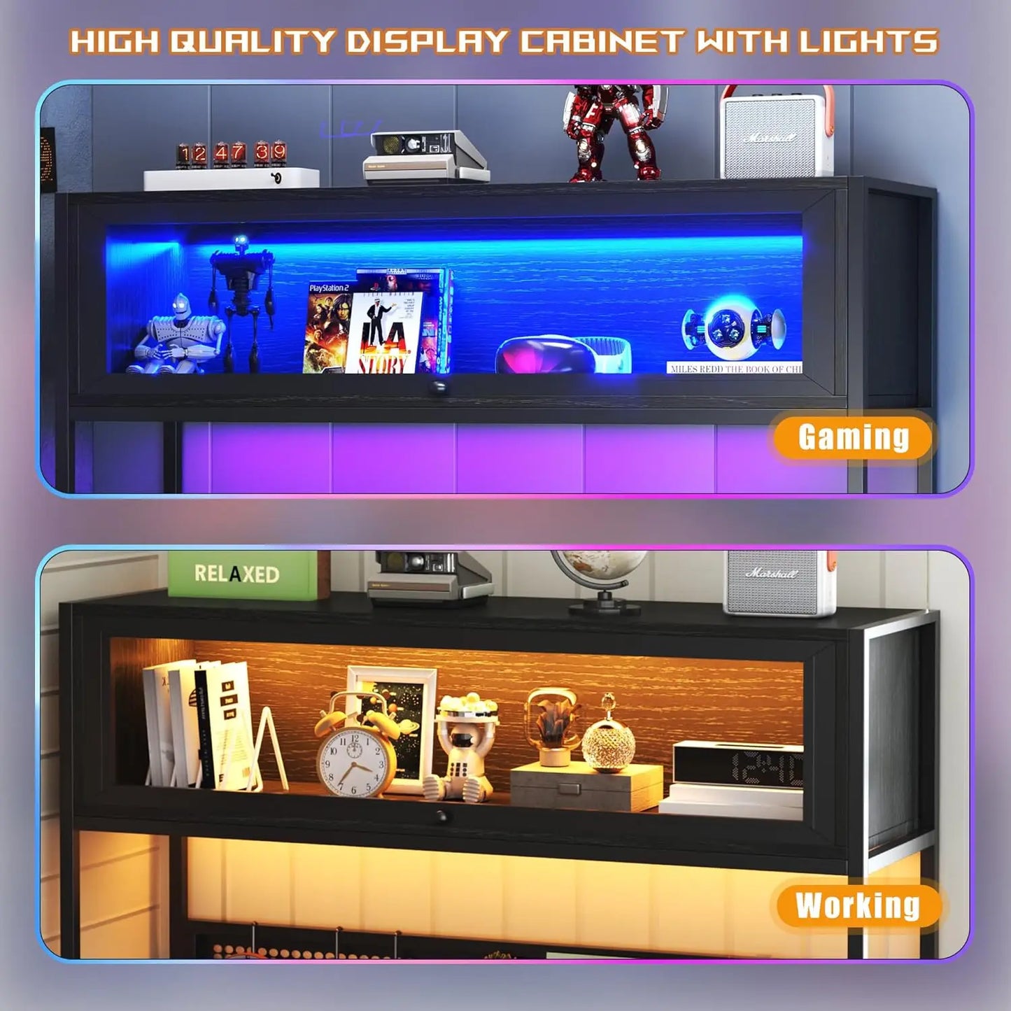 L Shaped Gaming Desk With Power Outlets And LED Lights