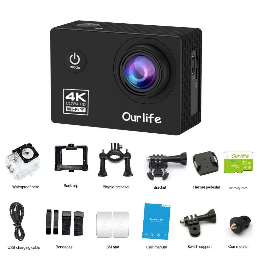 Ourlife Action Camera Ultra HD 4K 30FPS Waterproof 30m