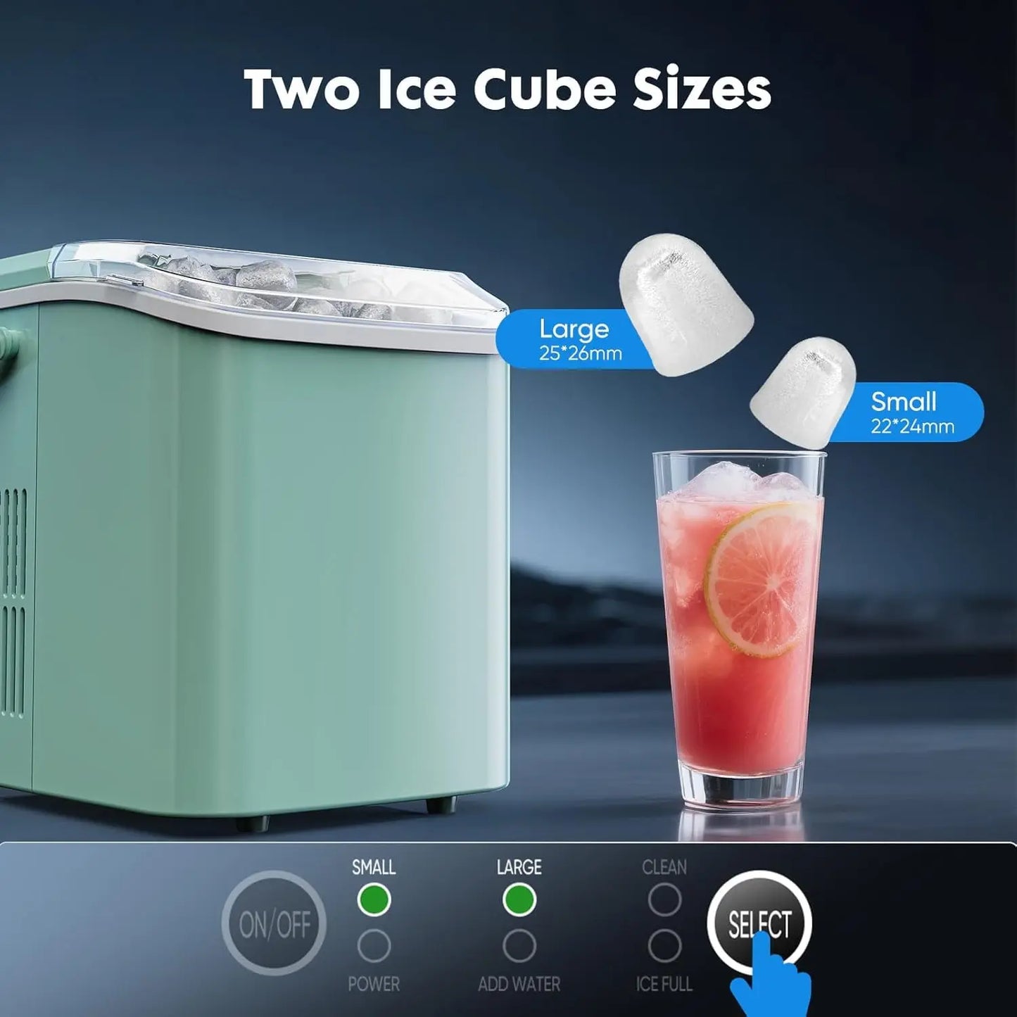 Portable Ice Maker with Scoop, Basket, Handle - 9 Cubes in 6 Mins, 26.5lbs/24Hrs, Green for Home Kitchen Office