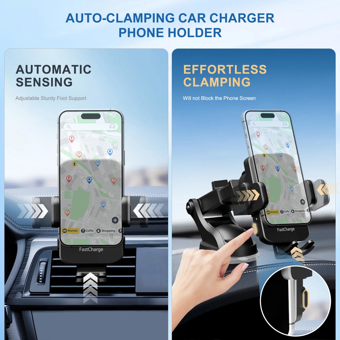 Wireless Car Charger Phone Holder 15W Fast Charge Station Mount Phone For IPhone 16 15 14 13 12 Pro Max 11 XR XS Samsung Galaxy