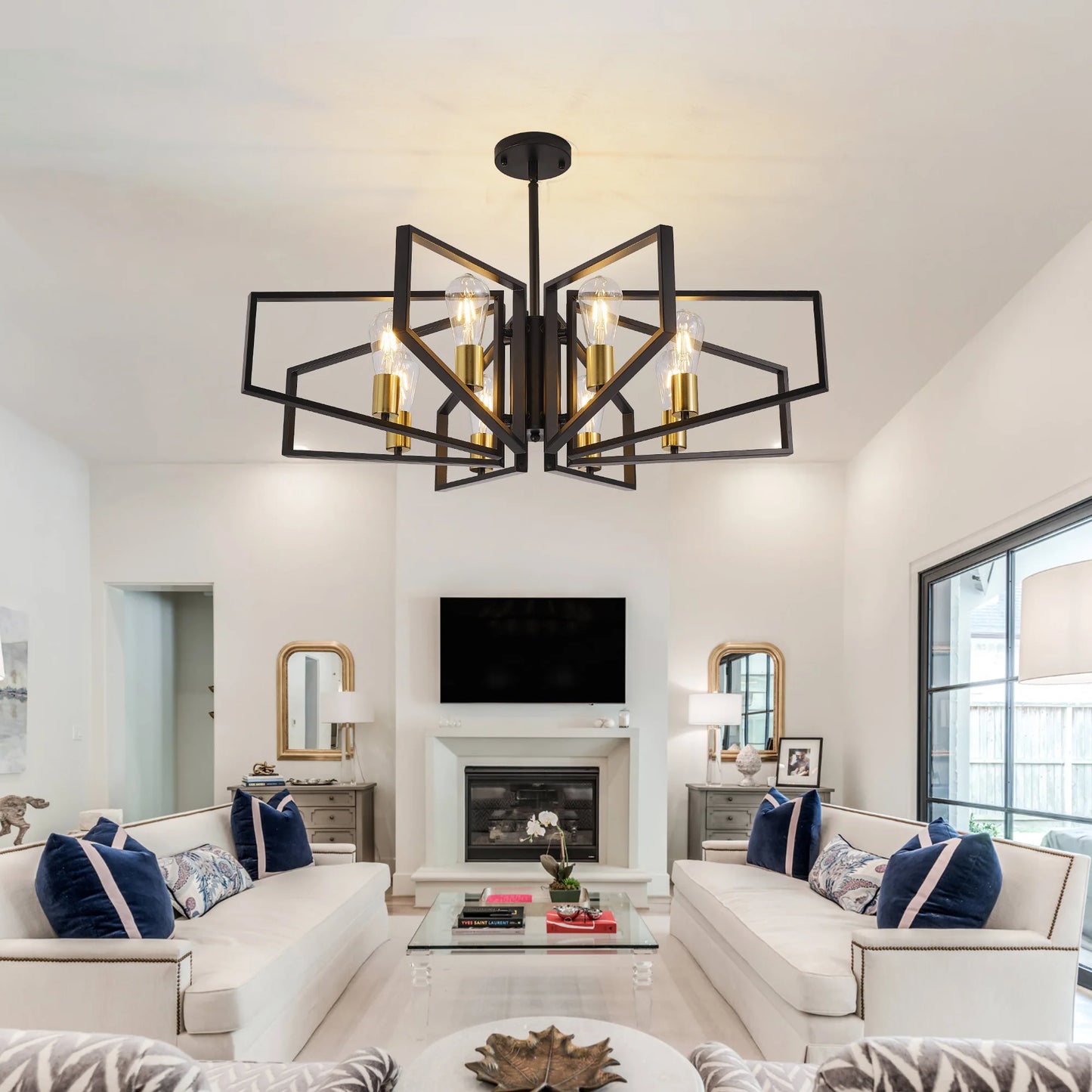 Modern 8-Light Geometric Chandelier With Adjustable Height Pendant
