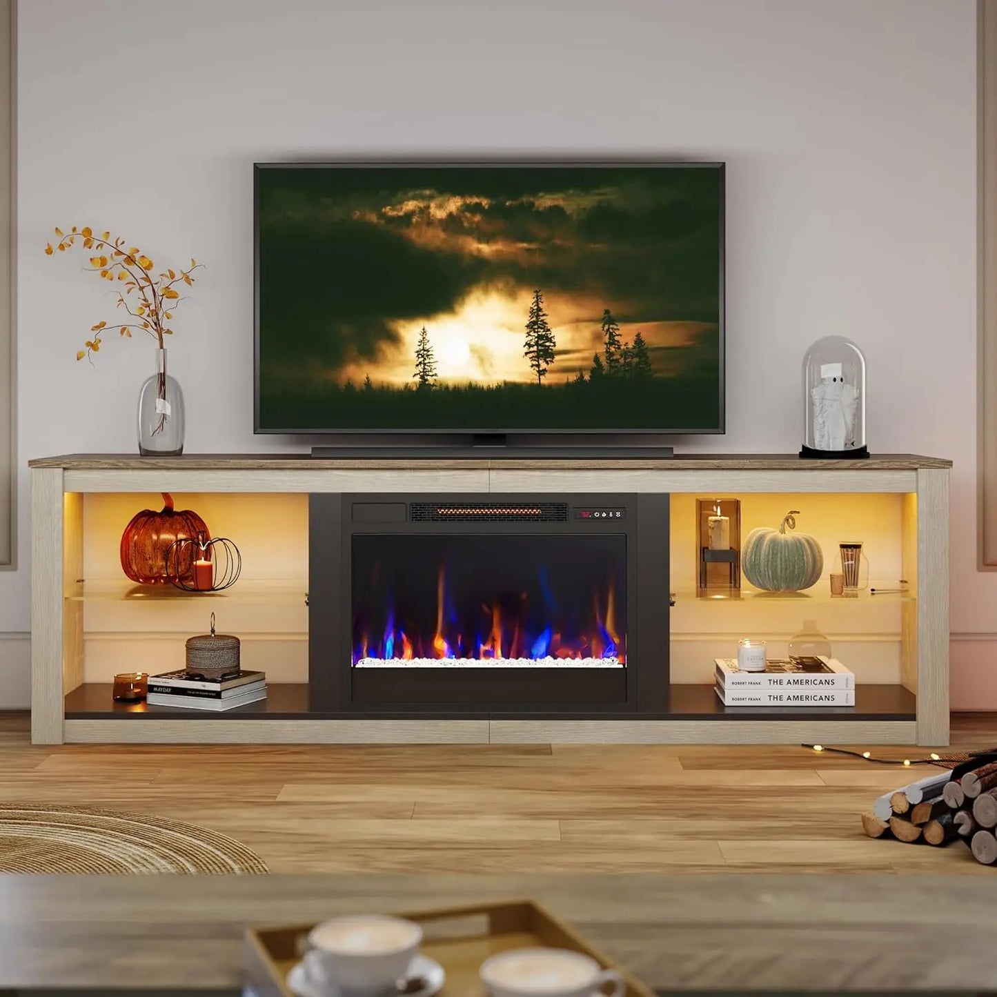 Wooden Fireplace TV Stand With Electric Fireplace Media Console