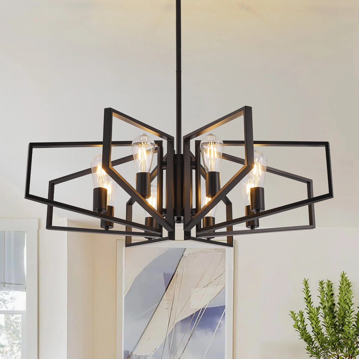 Modern 8-Light Geometric Chandelier With Adjustable Height Pendant