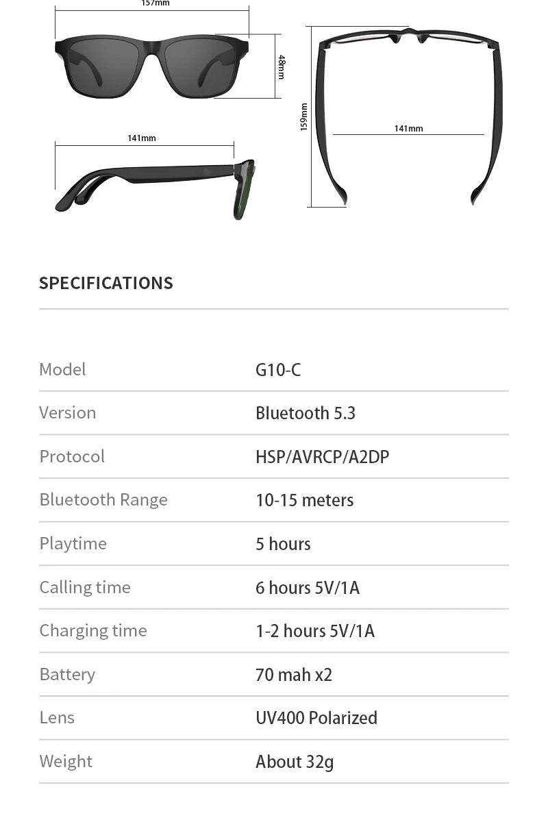 Giinova Smart Glasses Bluetooth Headset Sunglasses Speaker