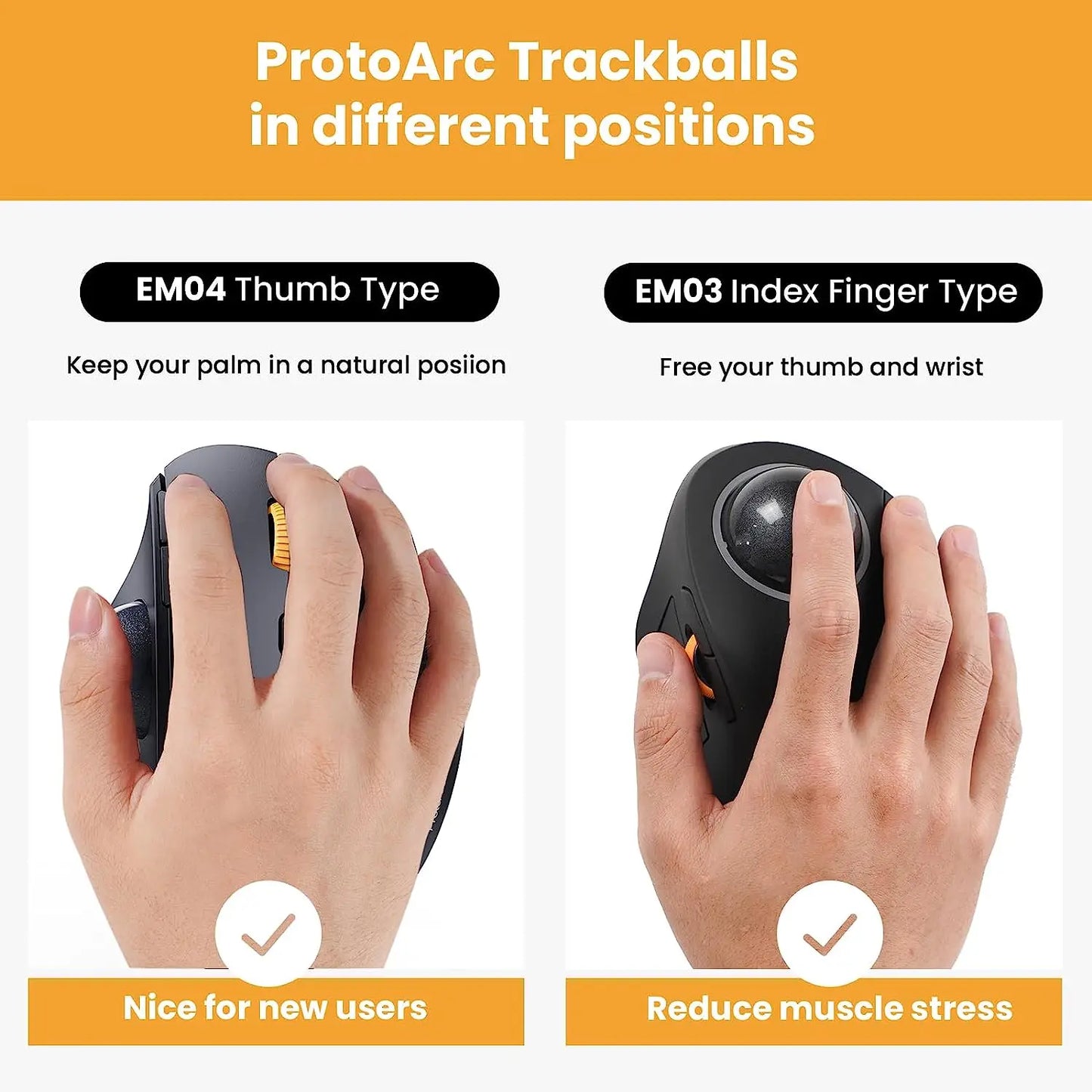 ProtoArc EM04 Trackball Mouse Wireless Rechargeable Ergonomic Vertical Bluetooth Mice for Computer PC iPad Mac Windows Android