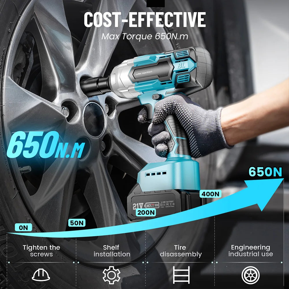 Seesii Cordless Impact Wrench 650Nm Torque Brushless
