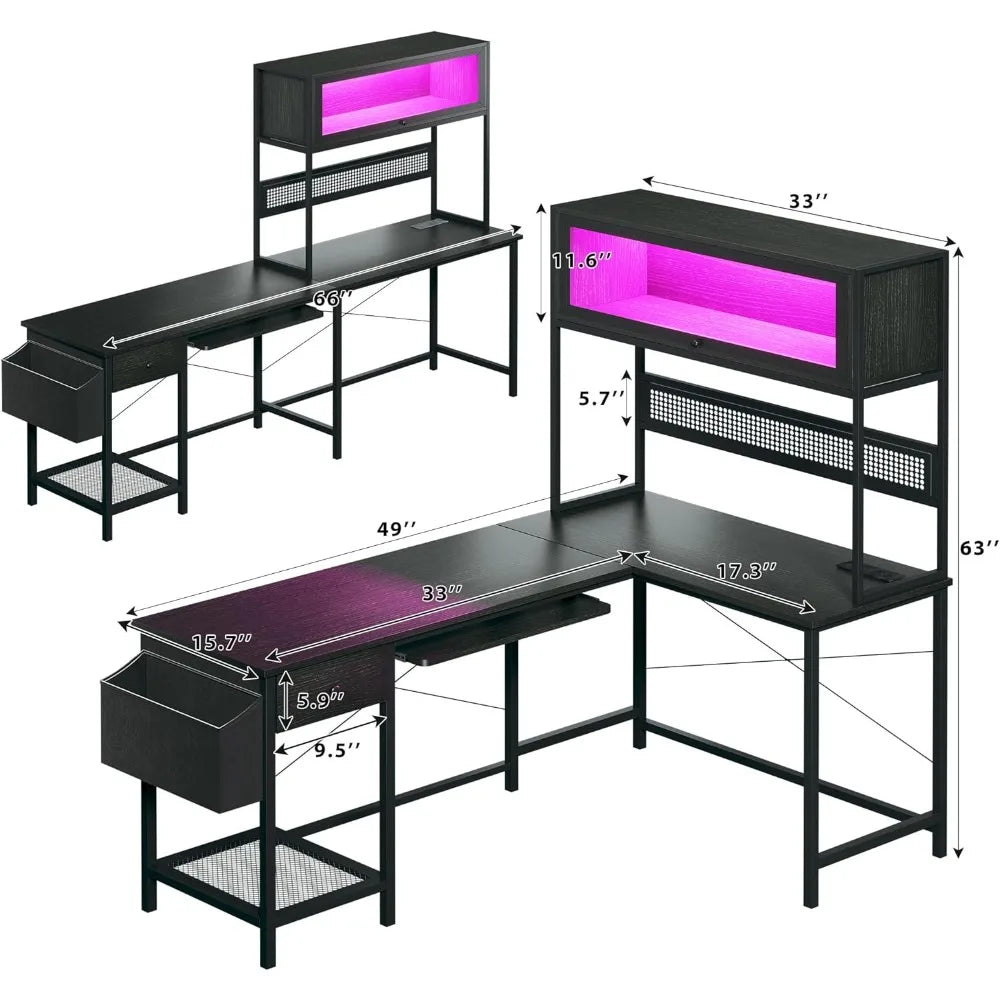 L Shaped Gaming Desk With Power Outlets And LED Lights