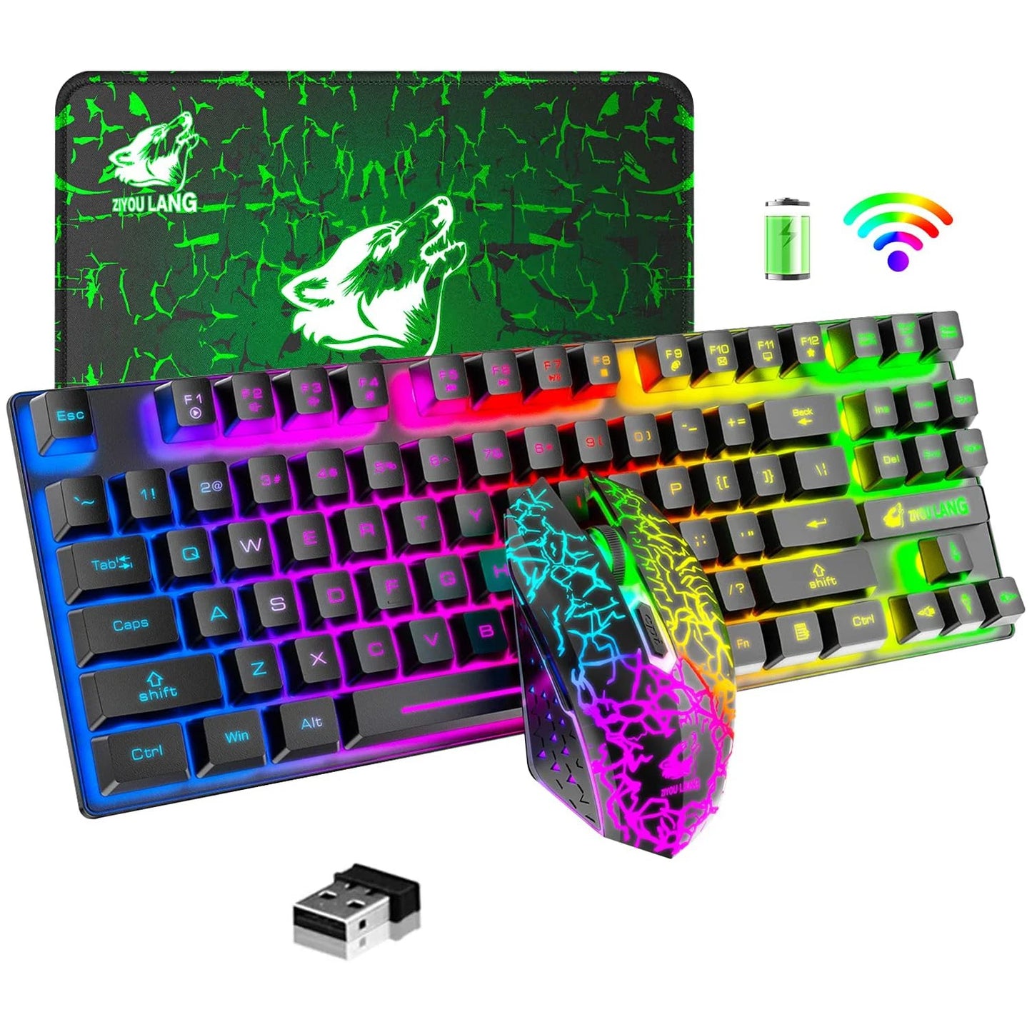 Wireless Gaming Keyboard and Mouse Combo,Rainbow Backlit Rechargeable 3800mAh Battery,87 Keys Mechanical Feel Keyboard
