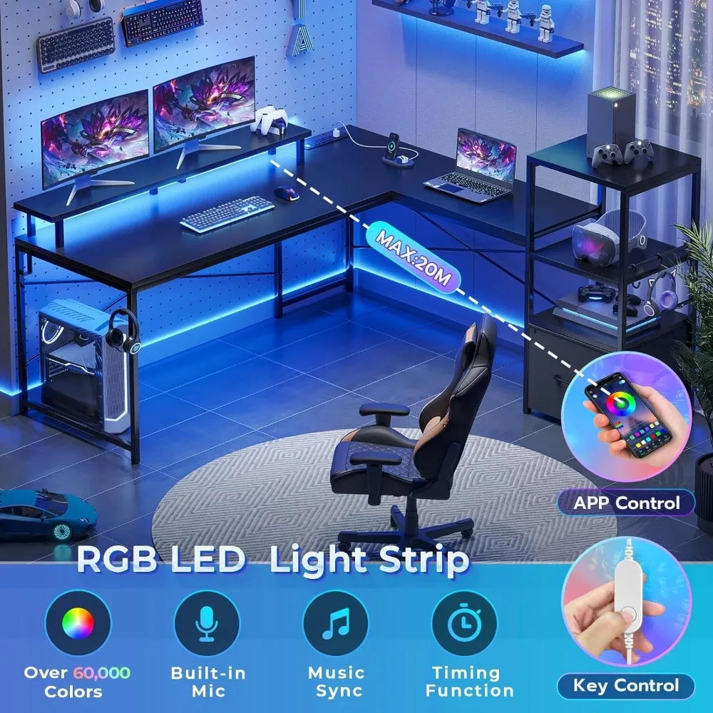 Warran L Shaped Gaming Desk With LED Lights and Storage