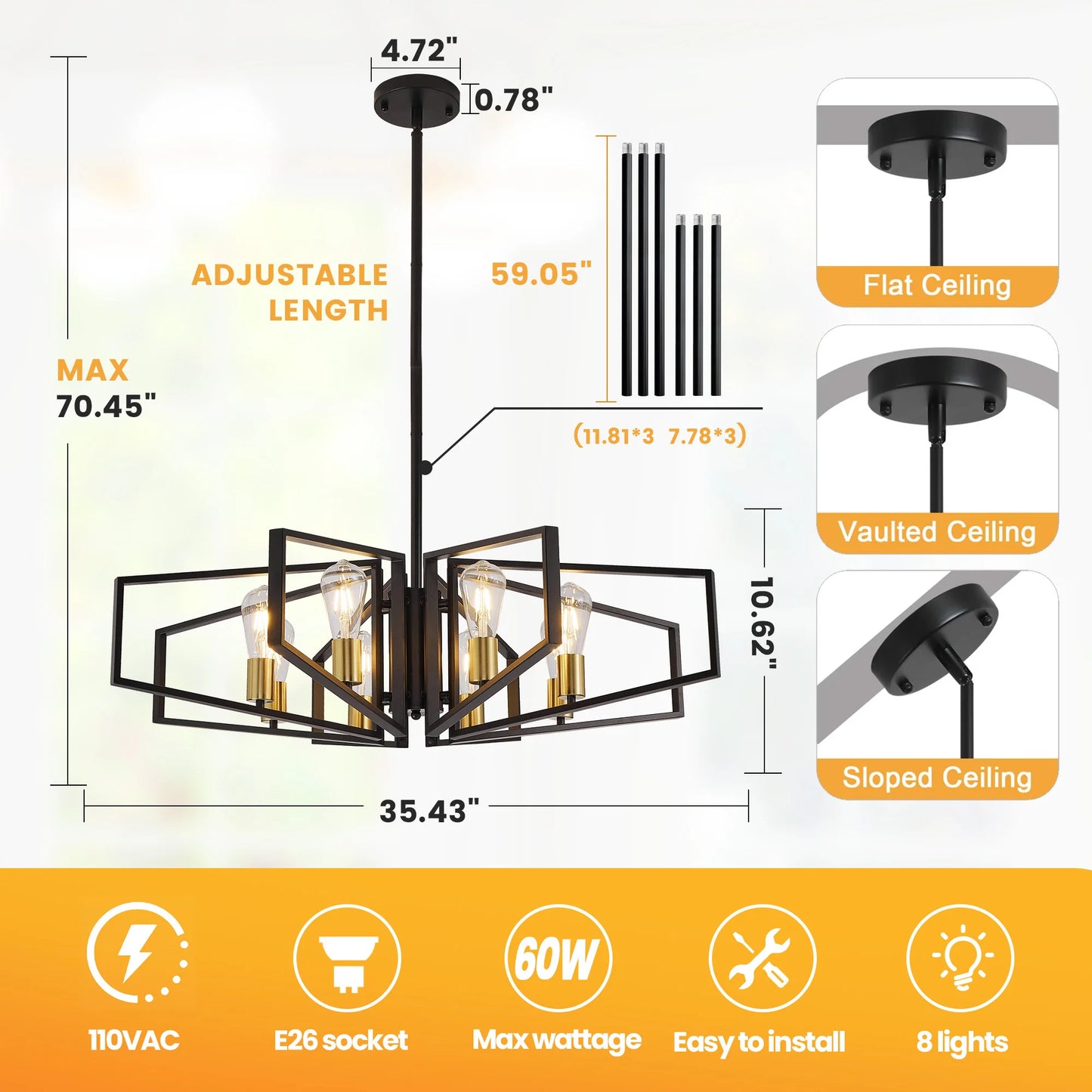 Modern 8-Light Geometric Chandelier With Adjustable Height Pendant