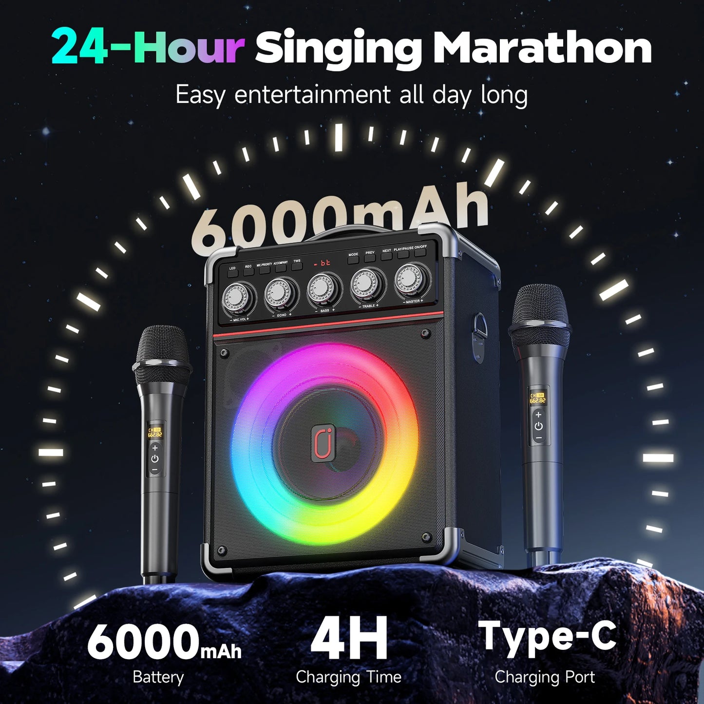 FanFun Karaoke Machine With 2 Wireless Microphones And RGB