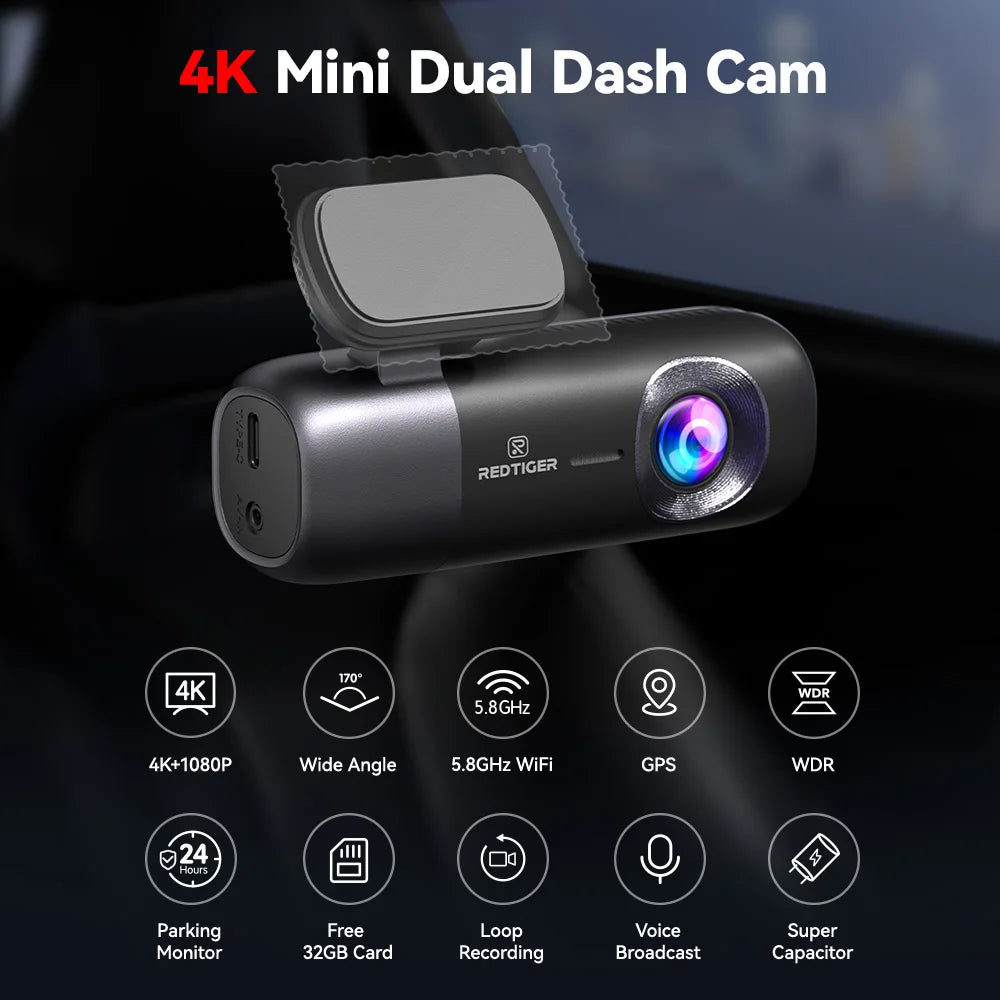 REDTIGER F9 Dashboard Cam 4K Front And Rear GPS WiFi
