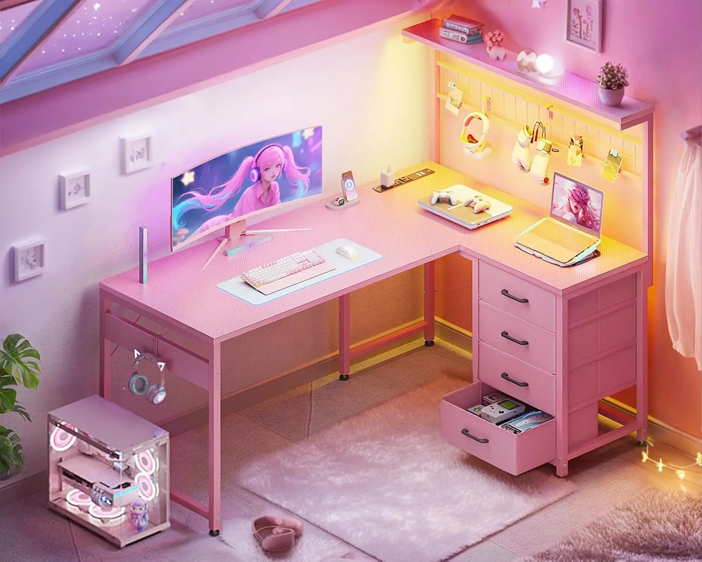 L Shaped Gaming Desk With LED Lights Power Outlet Shelves