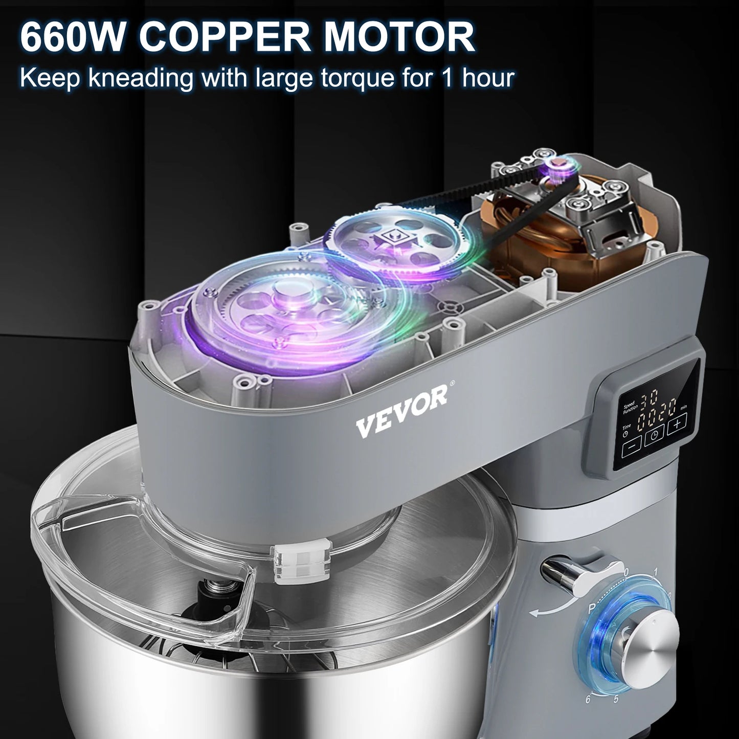 SucceBuy Stand Mixer Electric Dough Mixer with 6 Speeds LCD Screen Timing 5.8 Qt Stainless Steel Bowl Dough Hook Flat Beater