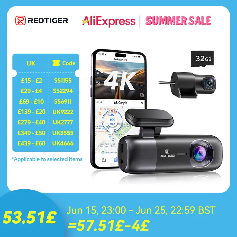 Redtige Dash Cam 4K Front Rear GPS WiFi App Control