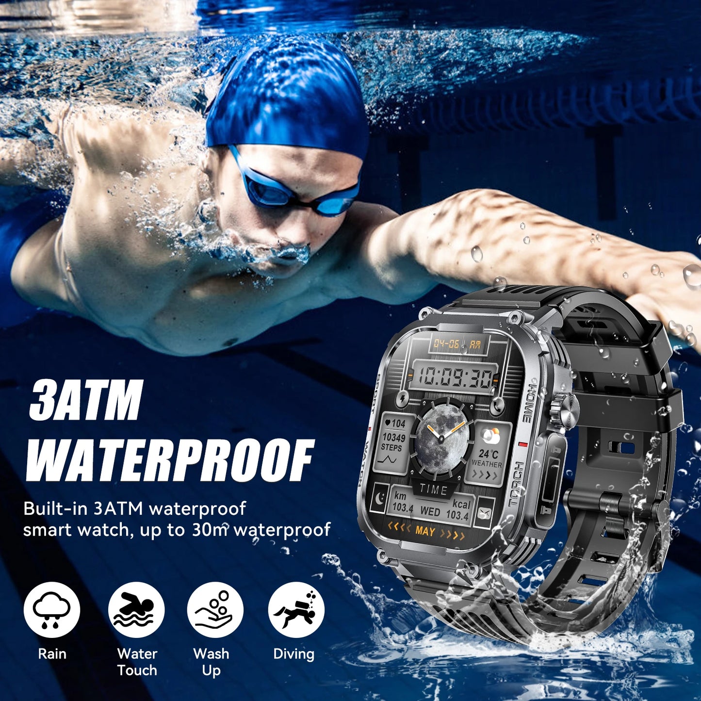 EIGIIS Smart Watch Men 3ATM Waterproof Heart Rate Fitness