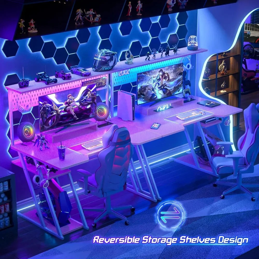 Gaming Computer Desk with Power Outlets, Gaming Desk with Hutch and LED Lights, Reversible PC Gaming Desk with Pegboard, Carbon