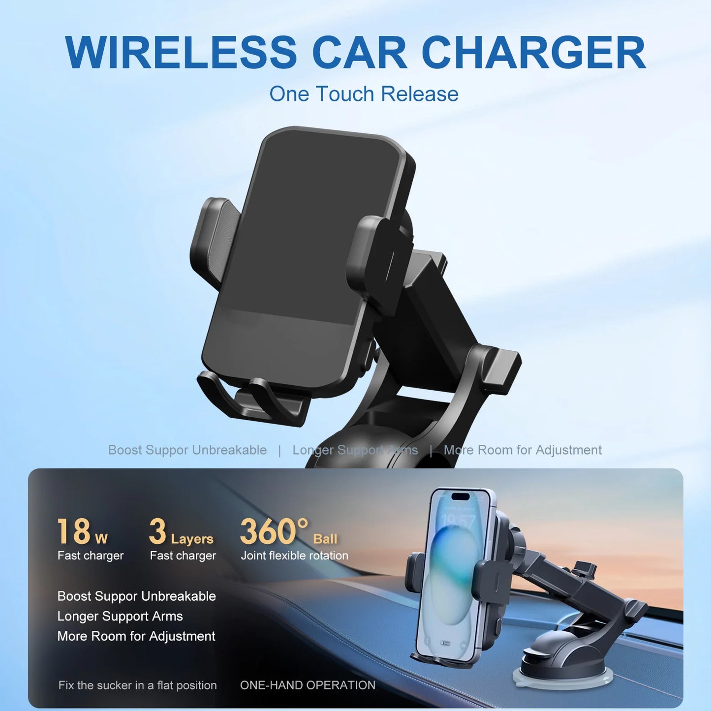 Wireless Car Charger Phone Holder 15W Fast Charge Station Mount Phone For IPhone 16 15 14 13 12 Pro Max 11 XR XS Samsung Galaxy
